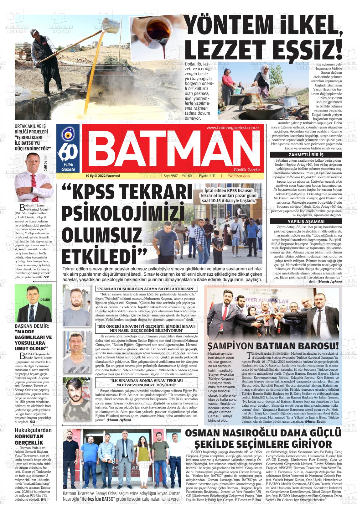 19 Eylül 2022 BATMAN GAZETESİ Gazete Manşeti