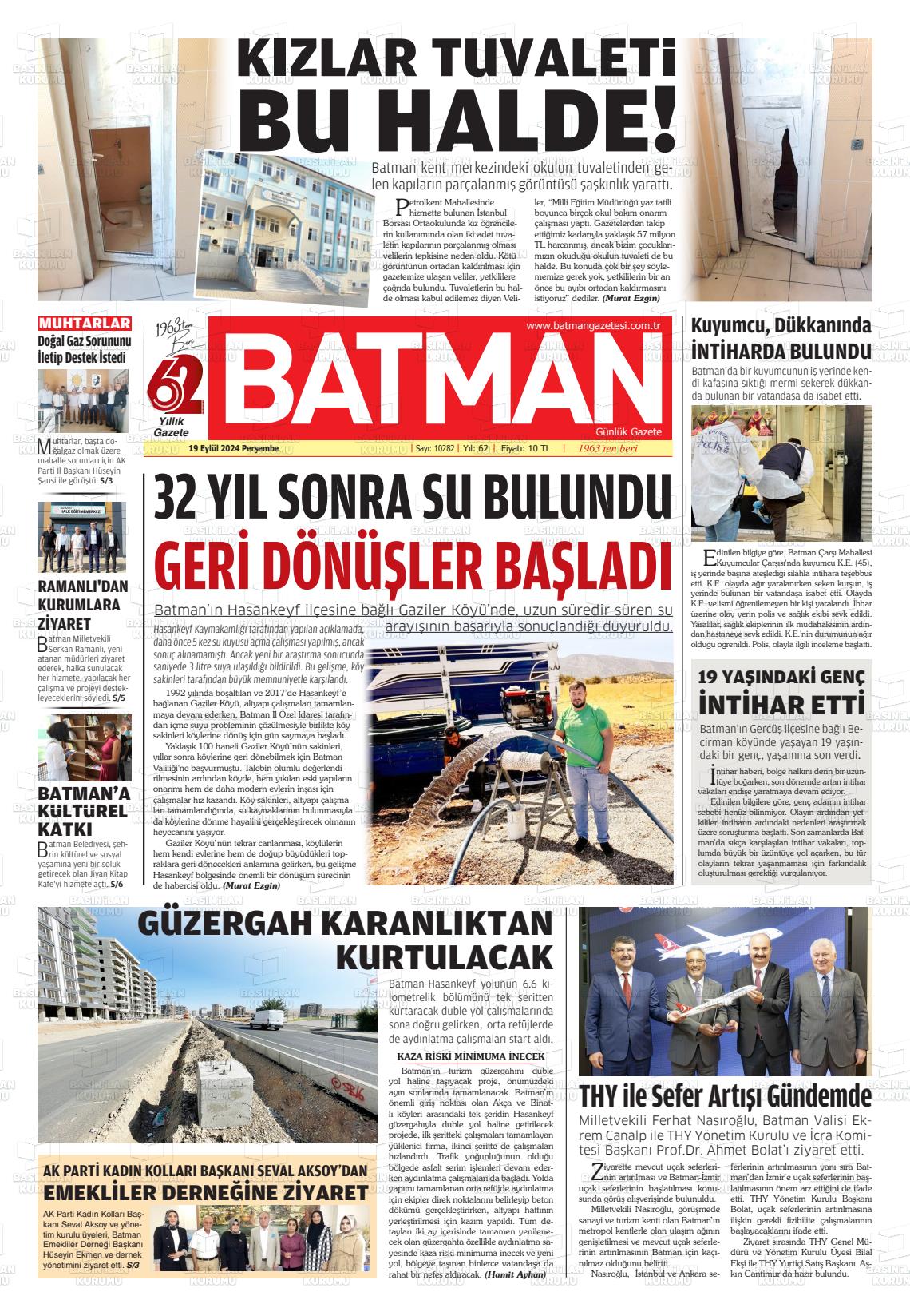 19 Eylül 2024 BATMAN GAZETESİ Gazete Manşeti