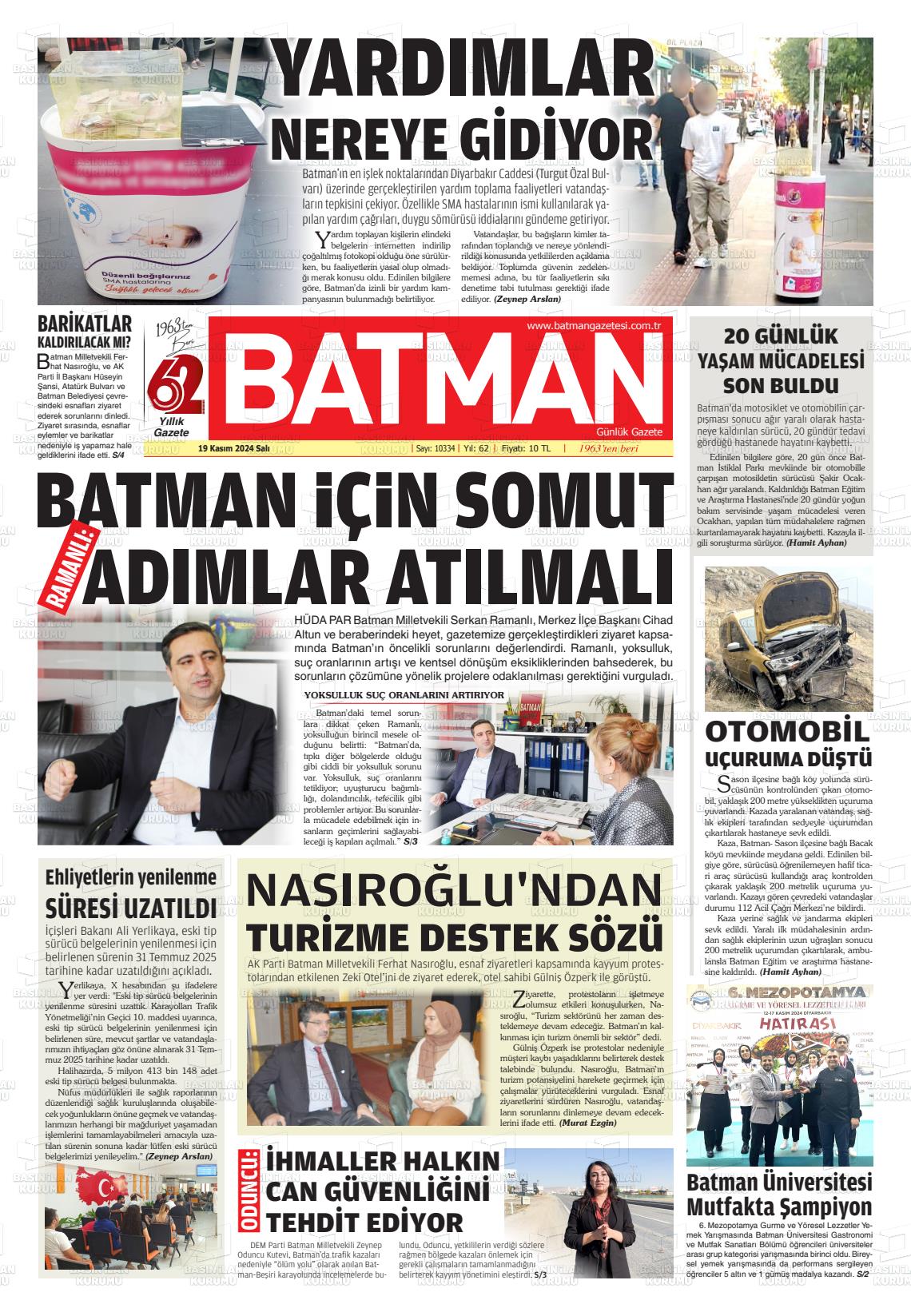 19 Kasım 2024 BATMAN GAZETESİ Gazete Manşeti