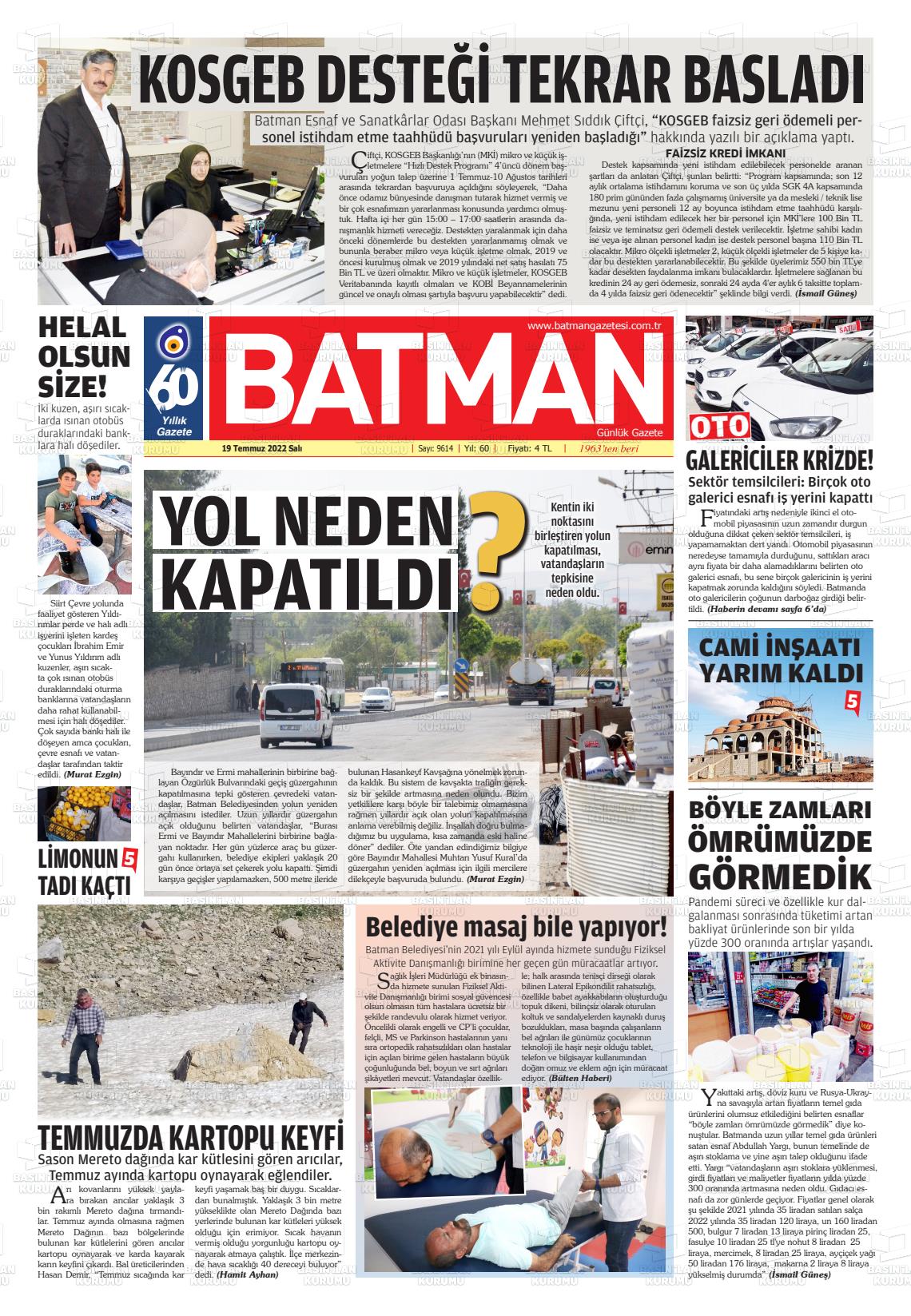 19 Temmuz 2022 BATMAN GAZETESİ Gazete Manşeti