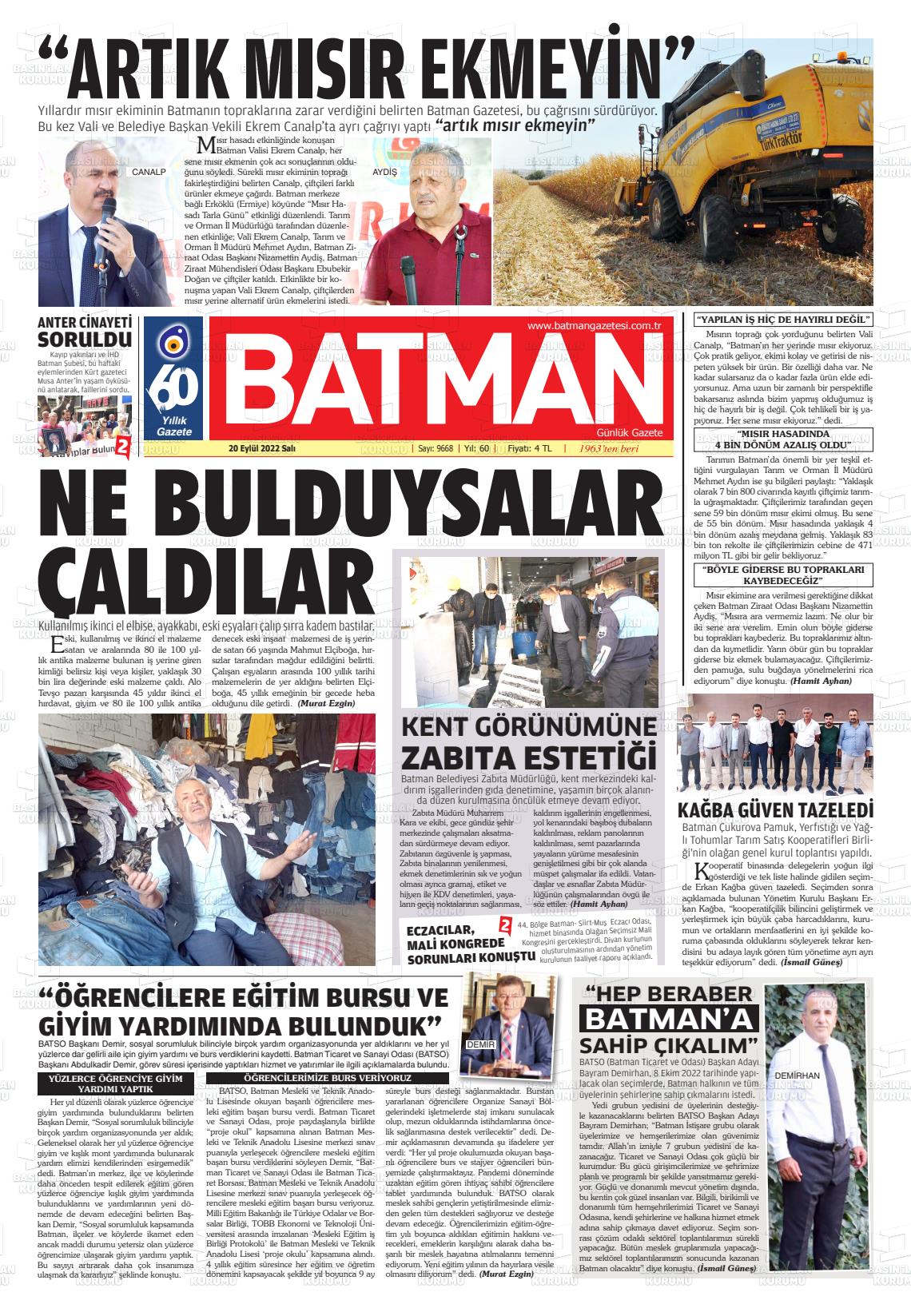 20 Eylül 2022 BATMAN GAZETESİ Gazete Manşeti