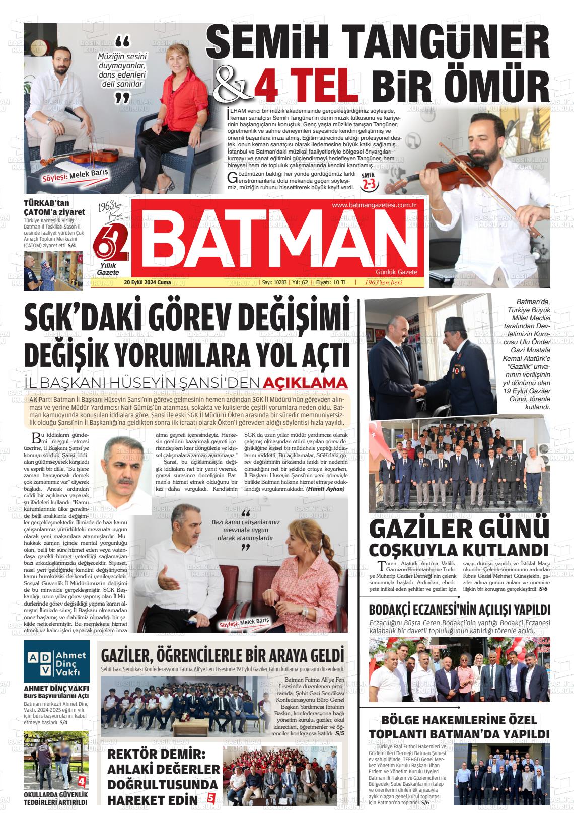 20 Eylül 2024 BATMAN GAZETESİ Gazete Manşeti