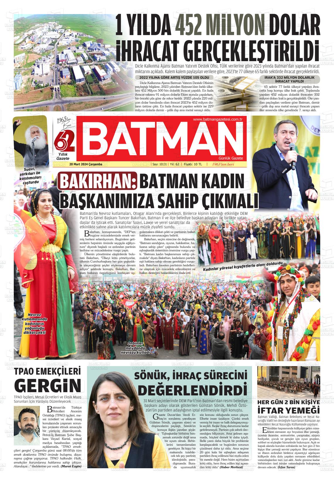 20 Mart 2024 BATMAN GAZETESİ Gazete Manşeti