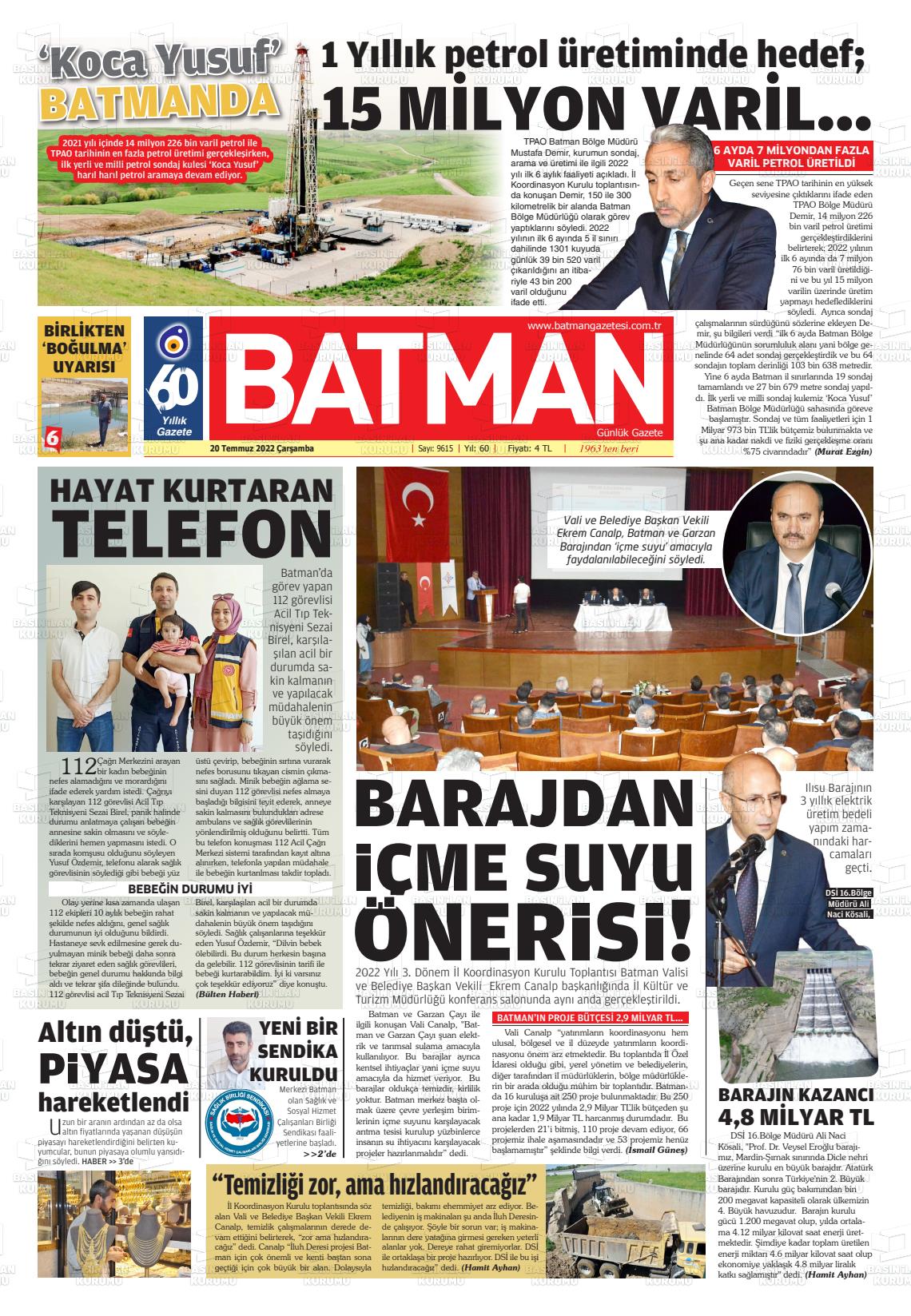 20 Temmuz 2022 BATMAN GAZETESİ Gazete Manşeti