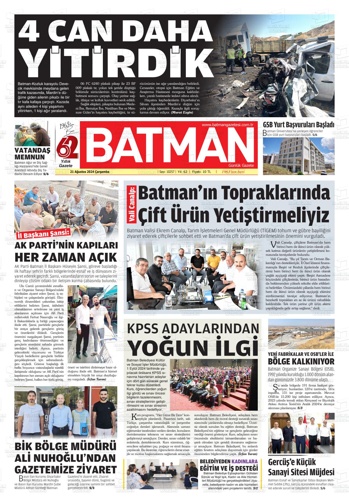 21 Ağustos 2024 BATMAN GAZETESİ Gazete Manşeti