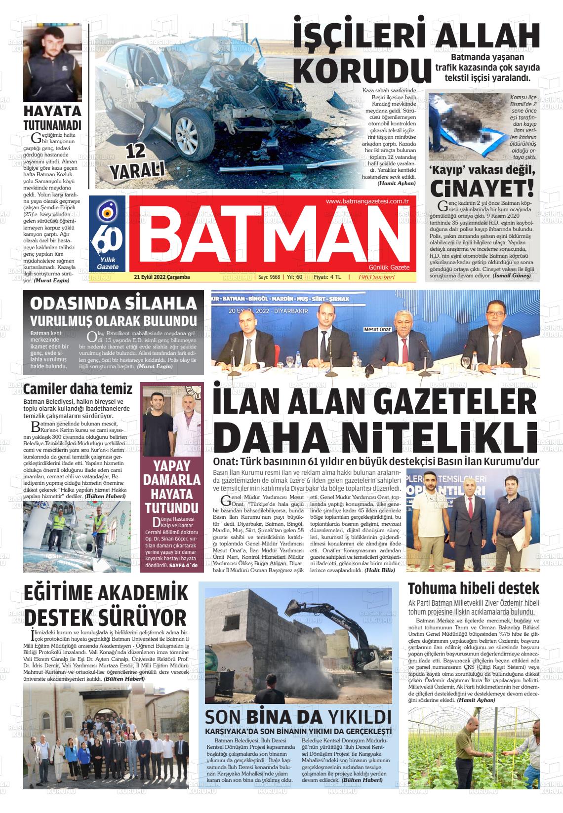 21 Eylül 2022 BATMAN GAZETESİ Gazete Manşeti