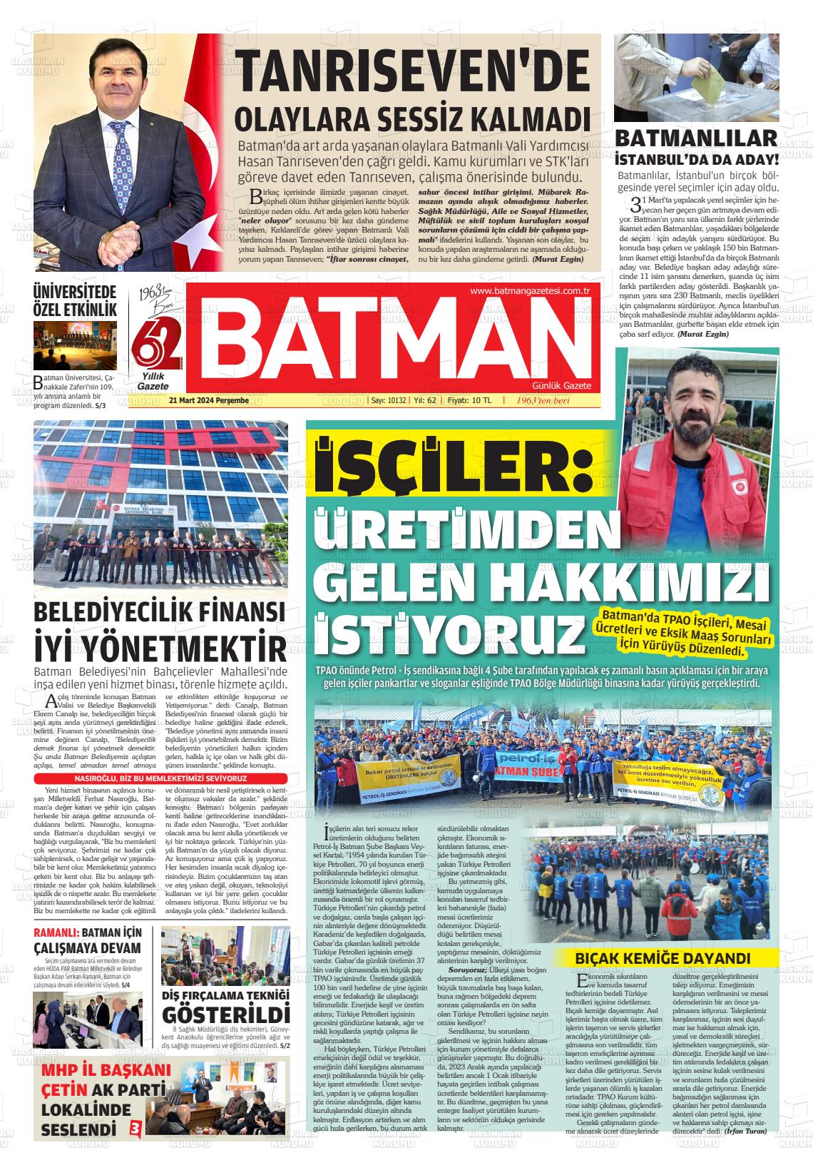 21 Mart 2024 BATMAN GAZETESİ Gazete Manşeti