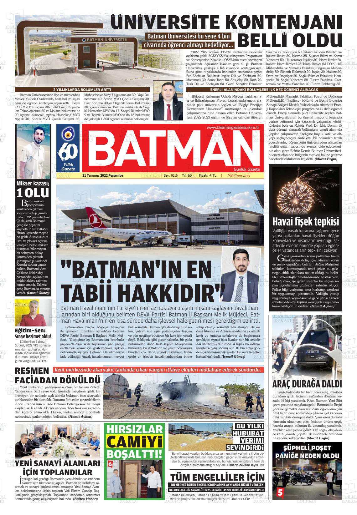 21 Temmuz 2022 BATMAN GAZETESİ Gazete Manşeti