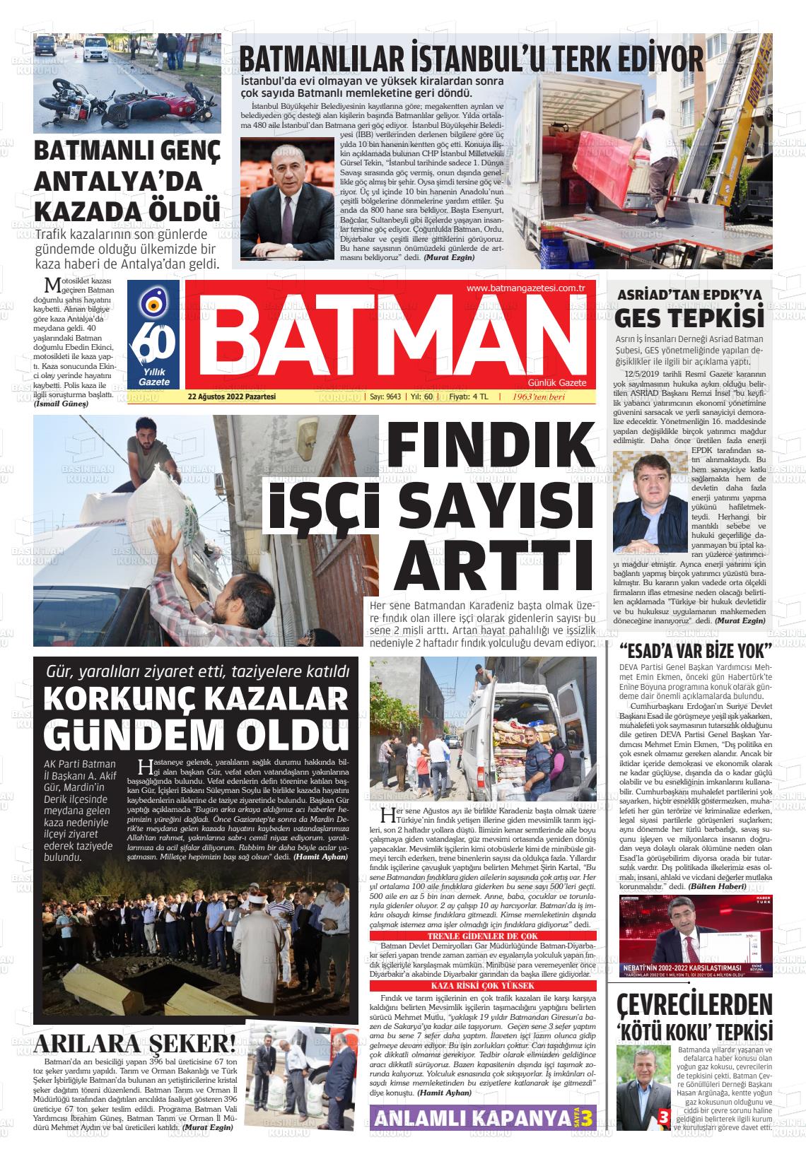 23 Ağustos 2022 BATMAN GAZETESİ Gazete Manşeti