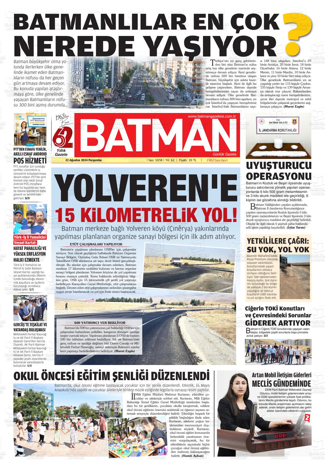 22 Ağustos 2024 BATMAN GAZETESİ Gazete Manşeti