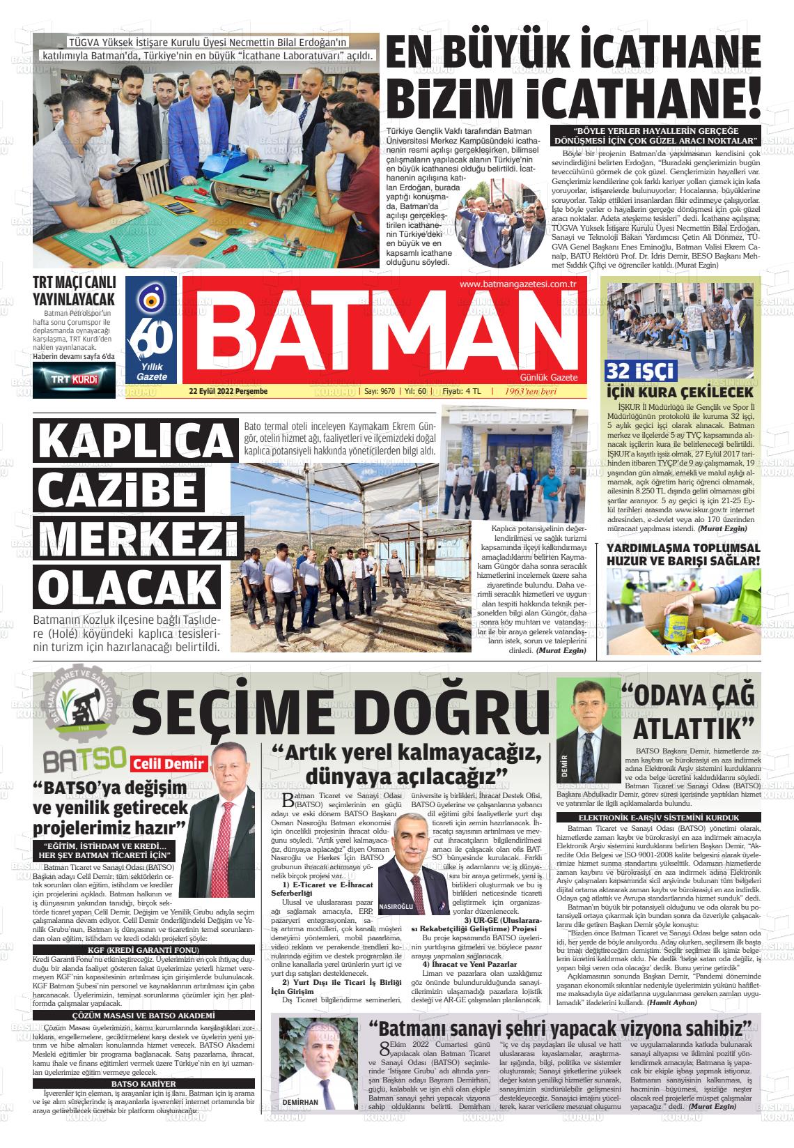 22 Eylül 2022 BATMAN GAZETESİ Gazete Manşeti