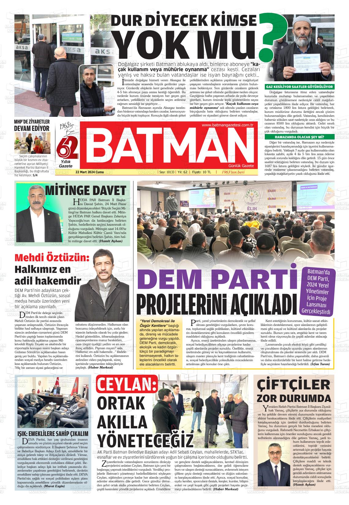 22 Mart 2024 BATMAN GAZETESİ Gazete Manşeti