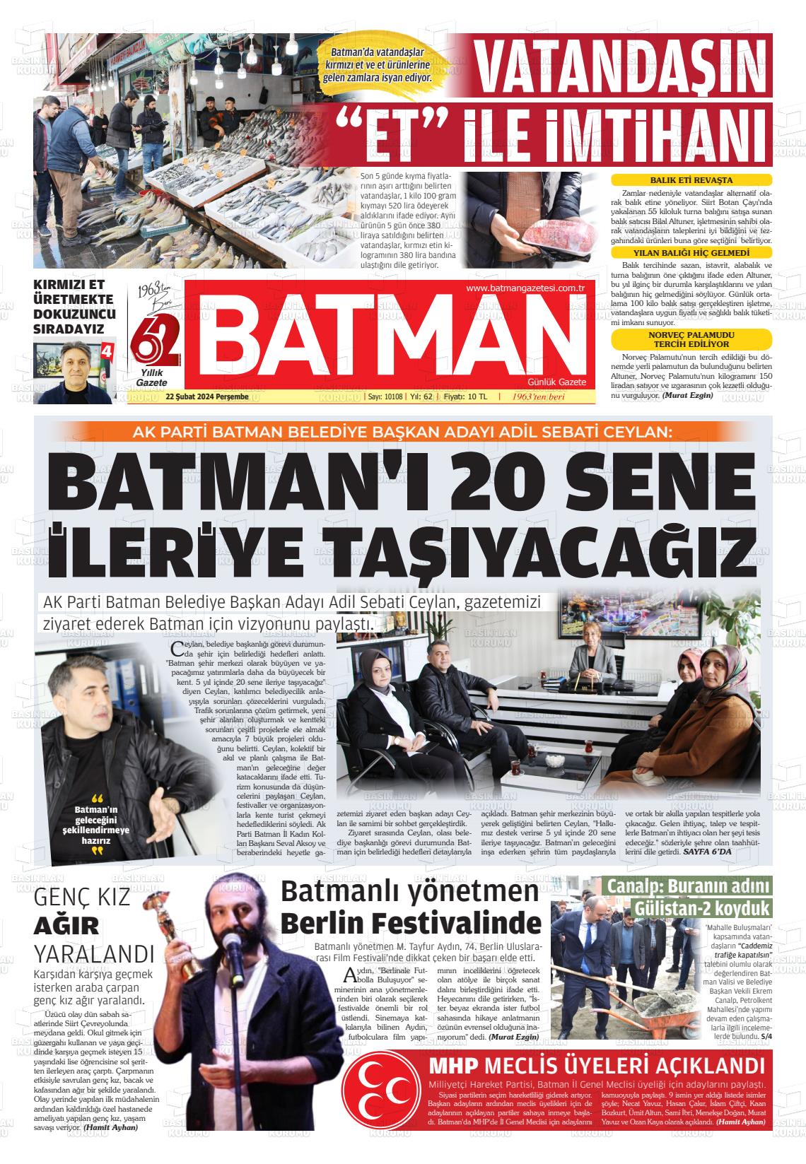 22 Şubat 2024 BATMAN GAZETESİ Gazete Manşeti