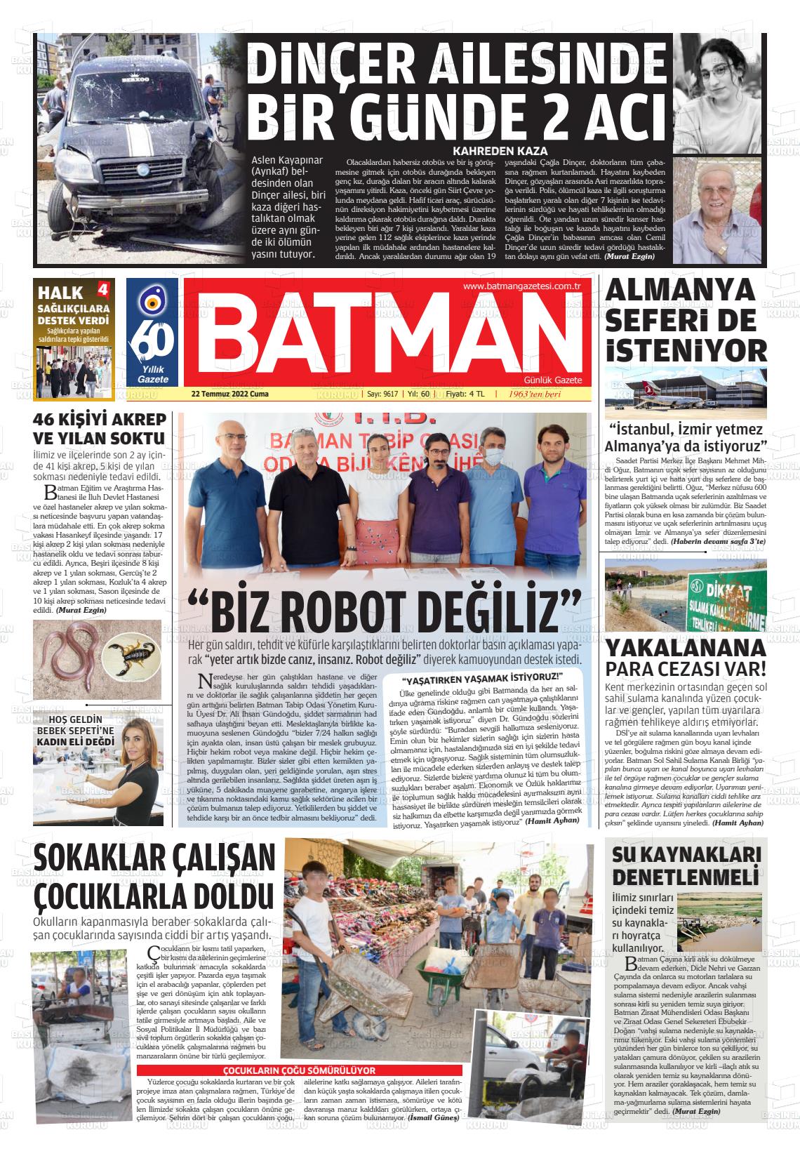 22 Temmuz 2022 BATMAN GAZETESİ Gazete Manşeti