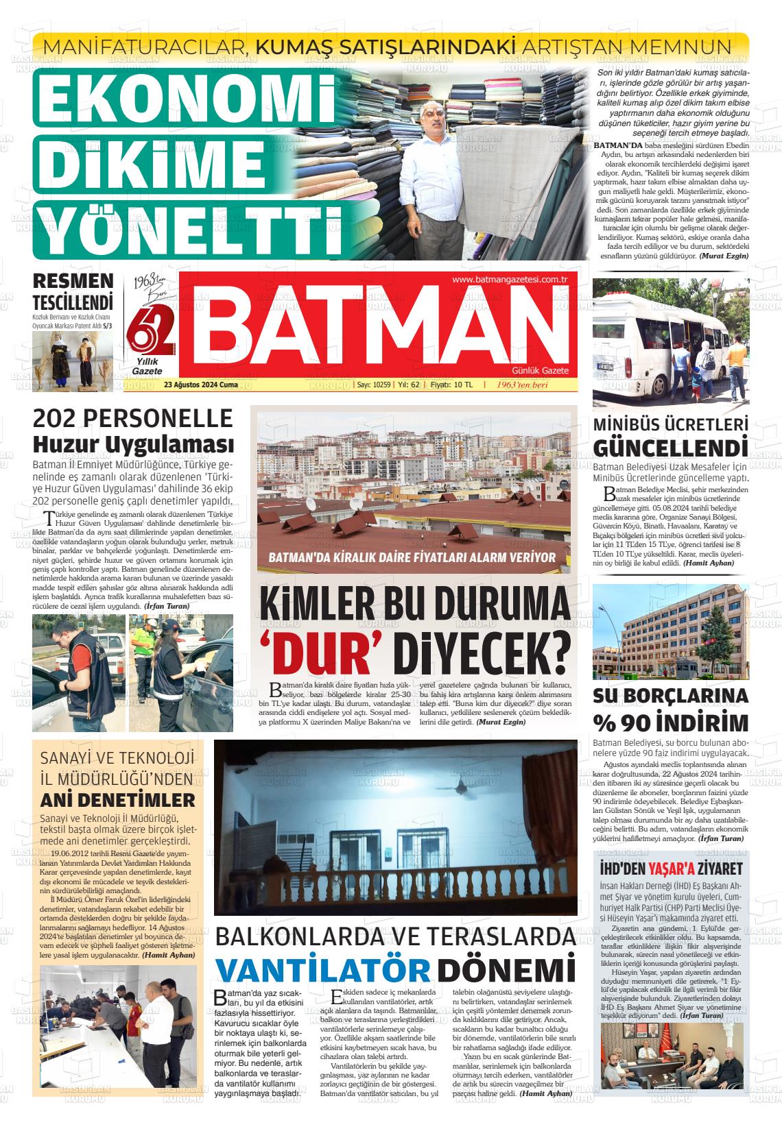 23 Ağustos 2024 BATMAN GAZETESİ Gazete Manşeti