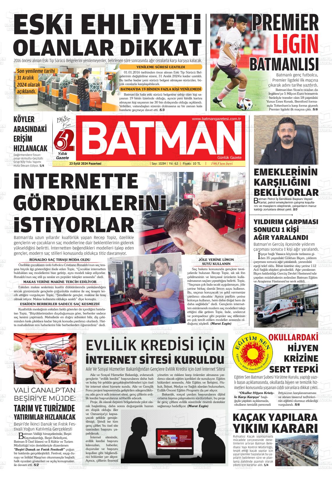 23 Eylül 2024 BATMAN GAZETESİ Gazete Manşeti