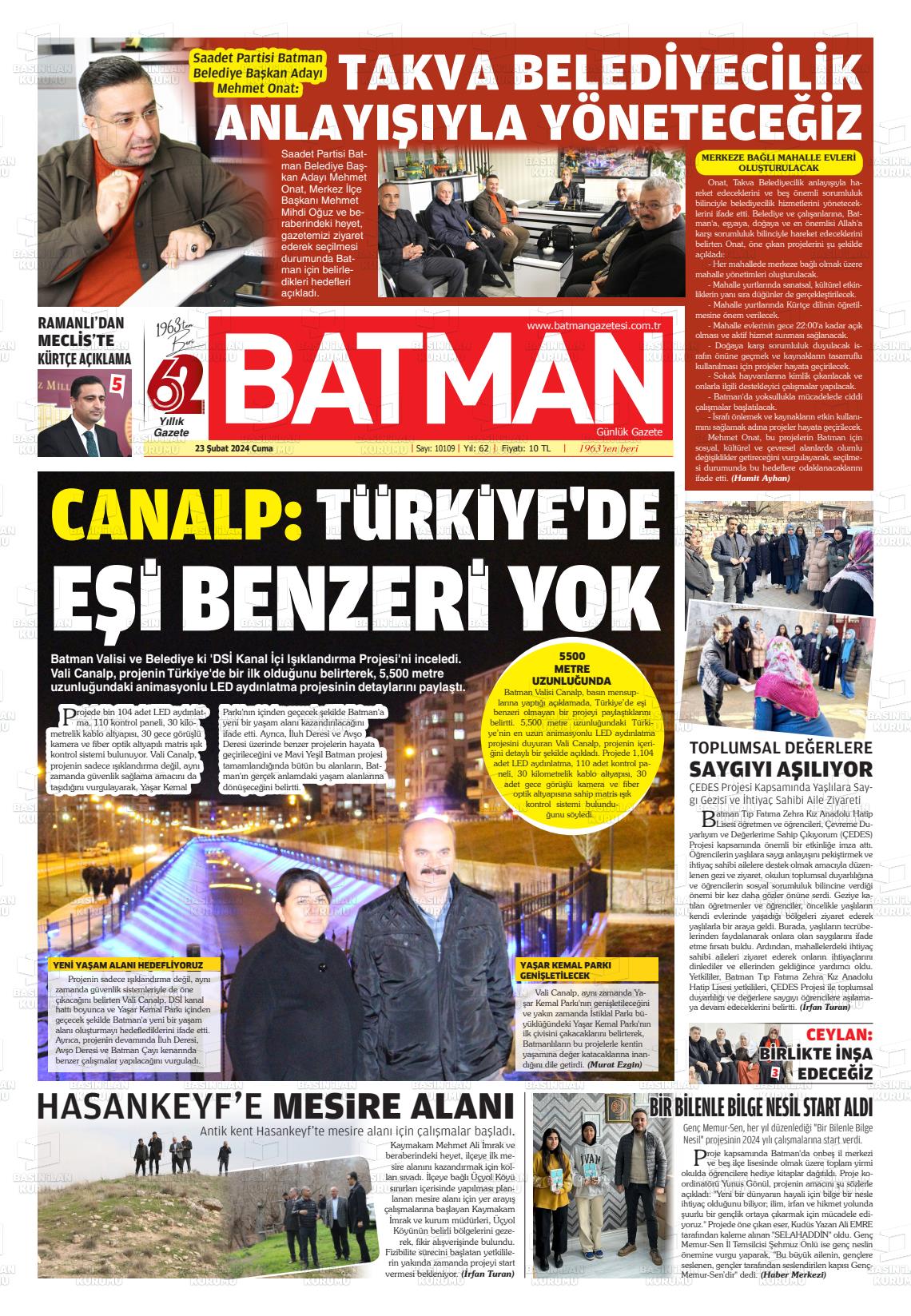 23 Şubat 2024 BATMAN GAZETESİ Gazete Manşeti