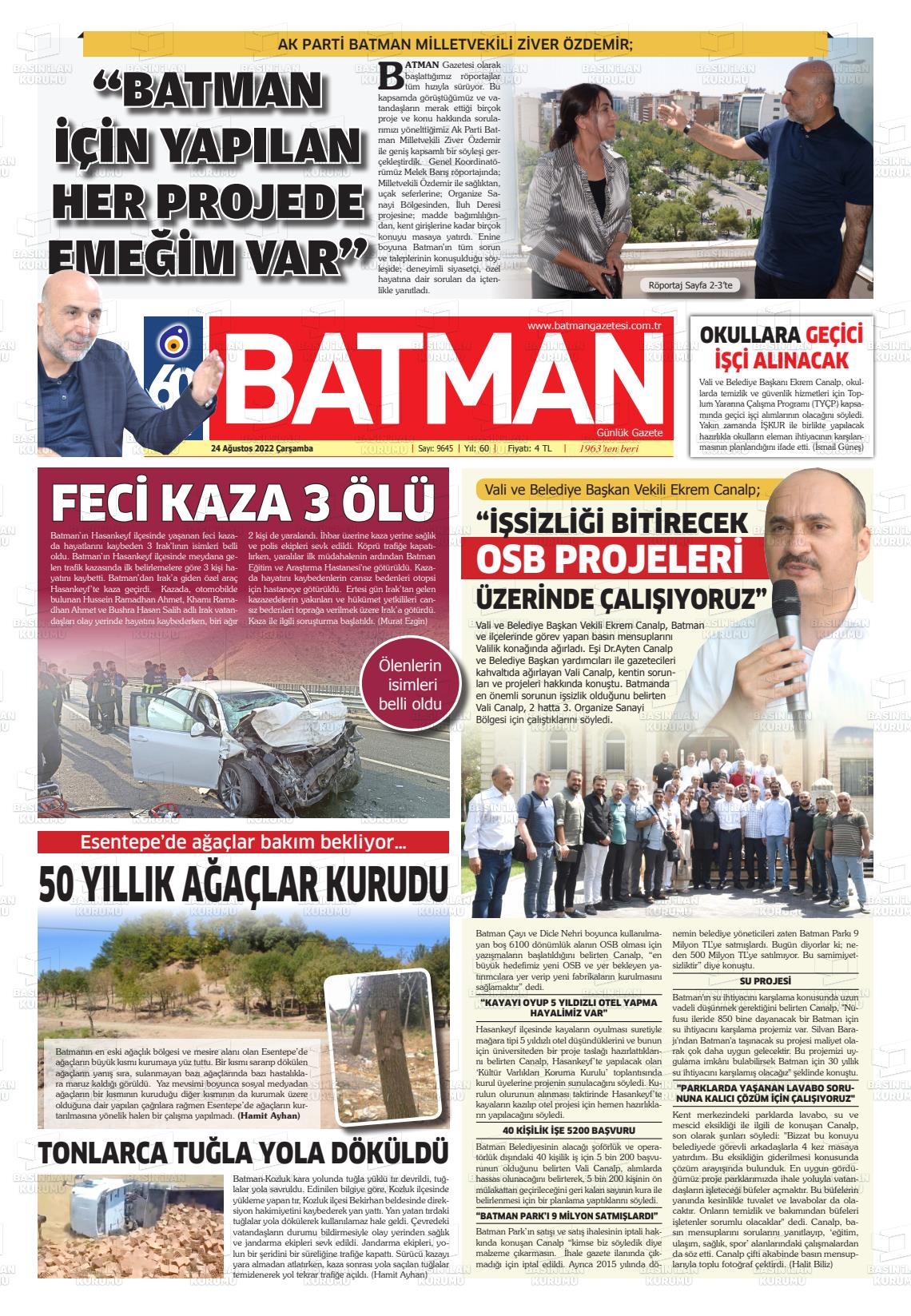 24 Ağustos 2022 BATMAN GAZETESİ Gazete Manşeti