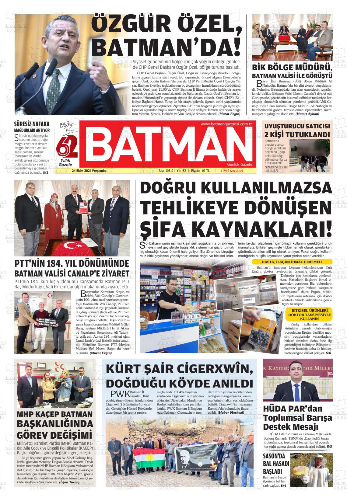 24 Ekim 2024 BATMAN GAZETESİ Gazete Manşeti