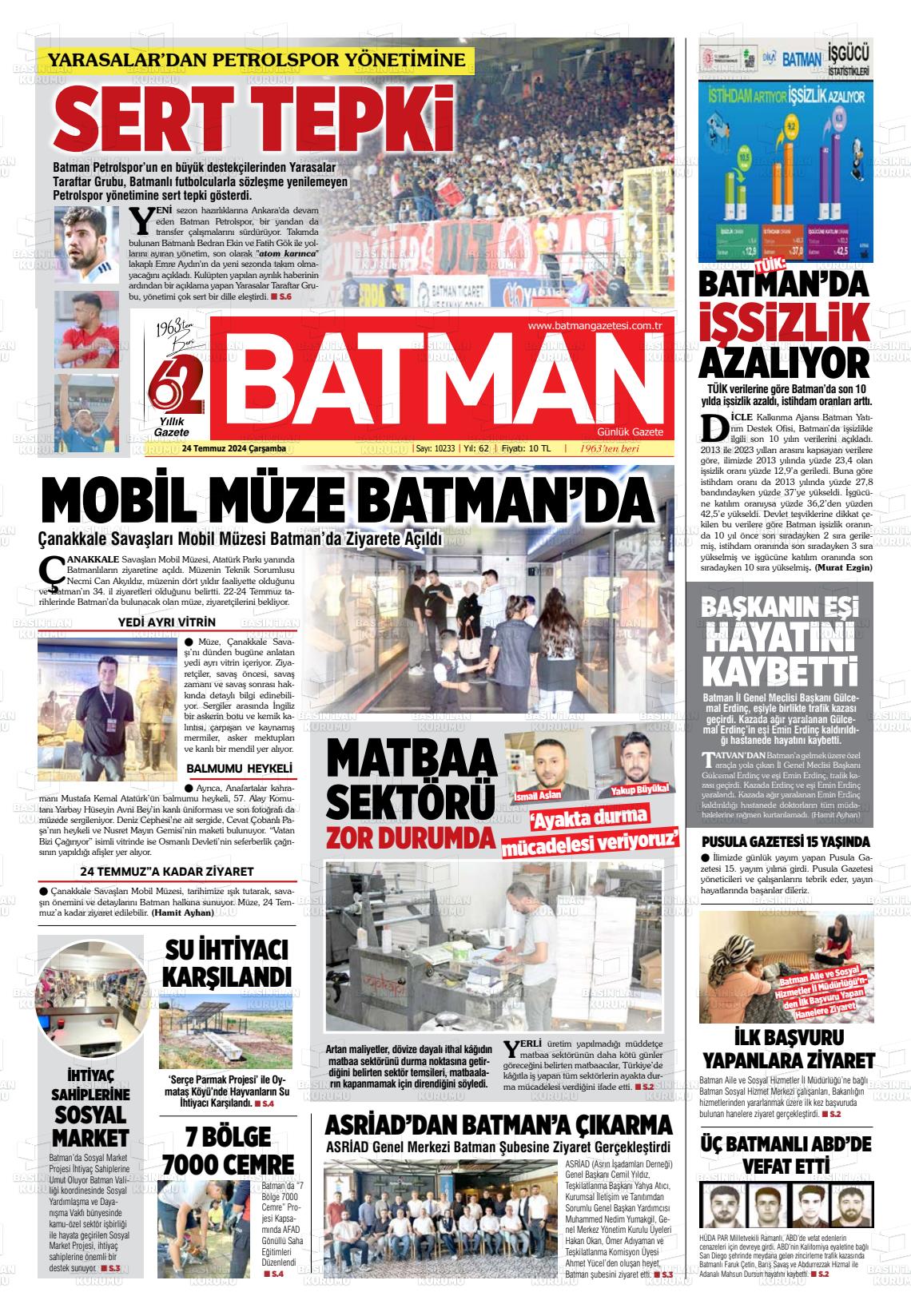 24 Temmuz 2024 BATMAN GAZETESİ Gazete Manşeti