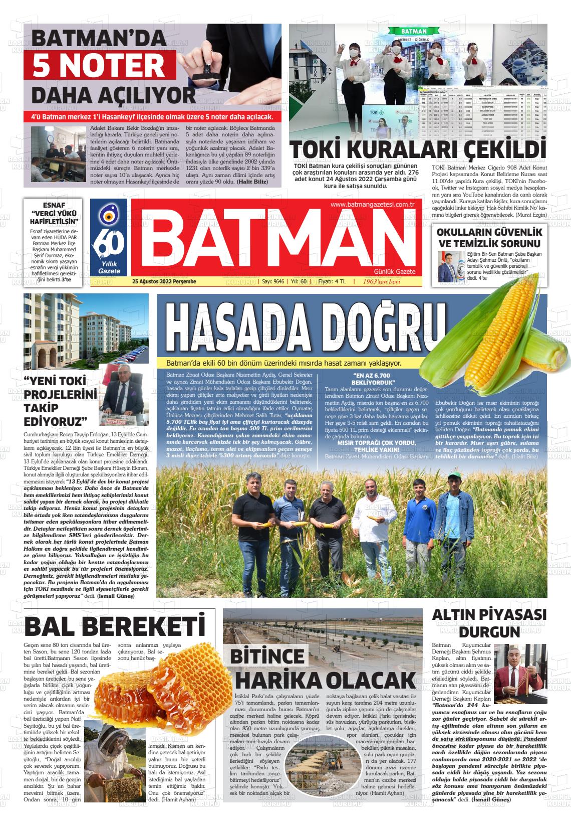 25 Ağustos 2022 BATMAN GAZETESİ Gazete Manşeti