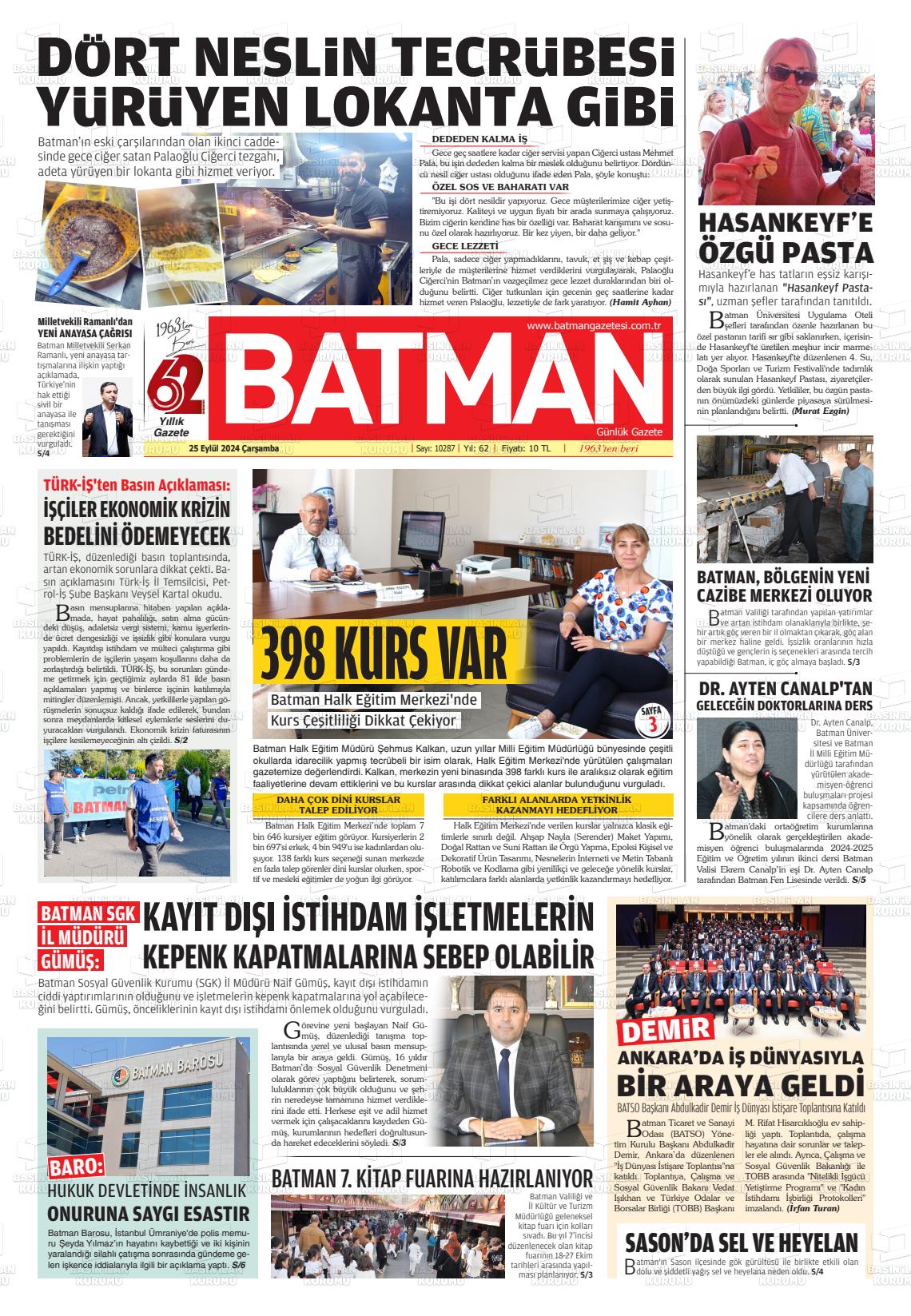 25 Eylül 2024 BATMAN GAZETESİ Gazete Manşeti