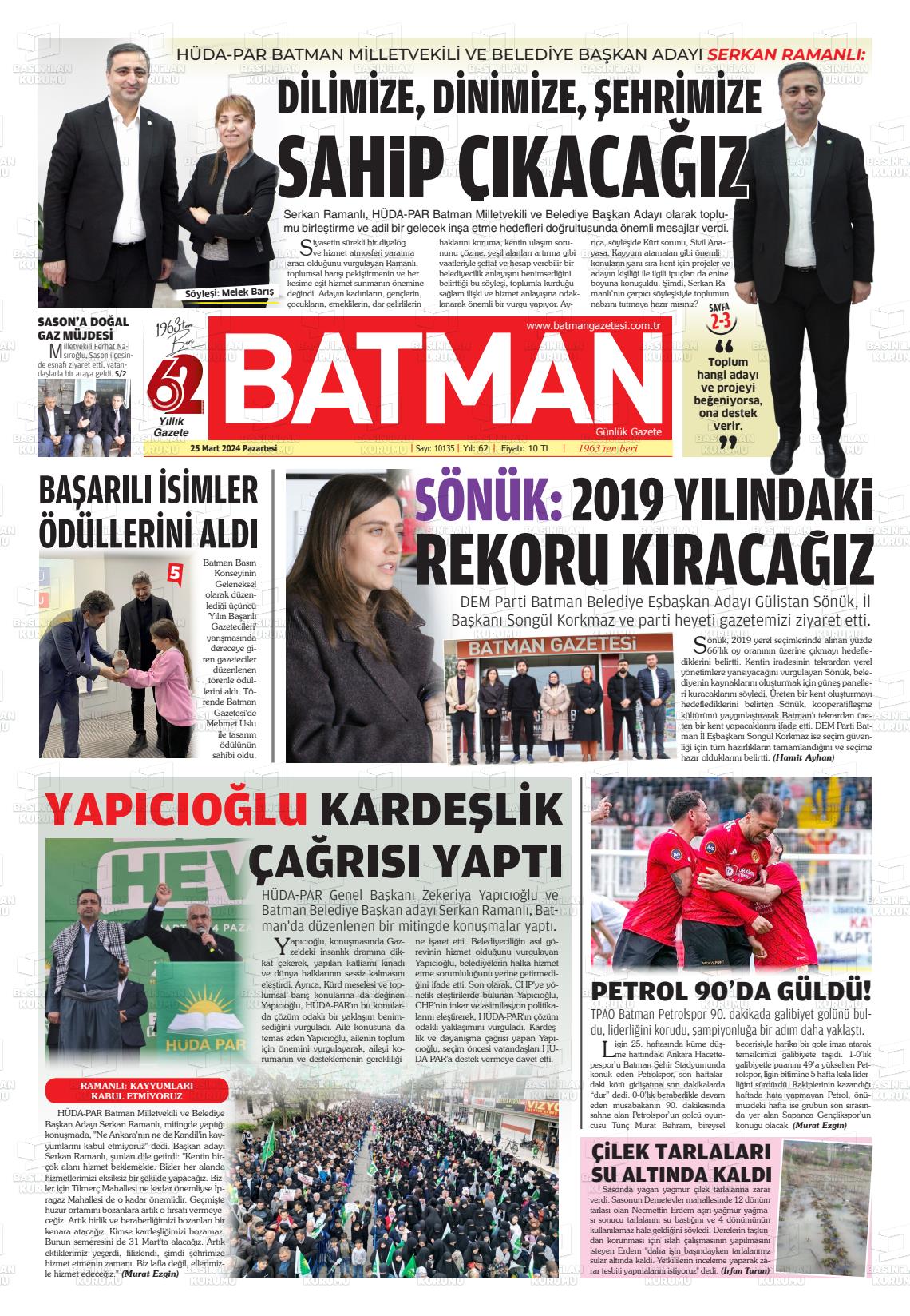 25 Mart 2024 BATMAN GAZETESİ Gazete Manşeti