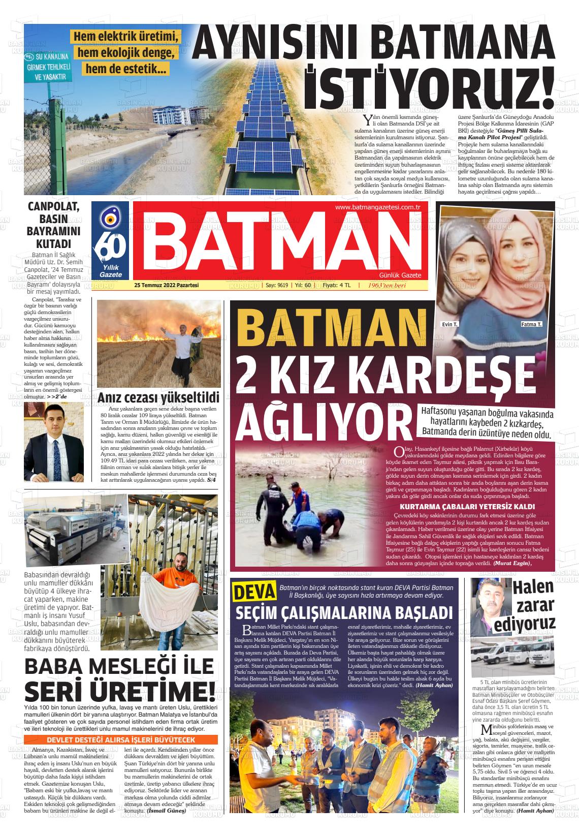 25 Temmuz 2022 BATMAN GAZETESİ Gazete Manşeti