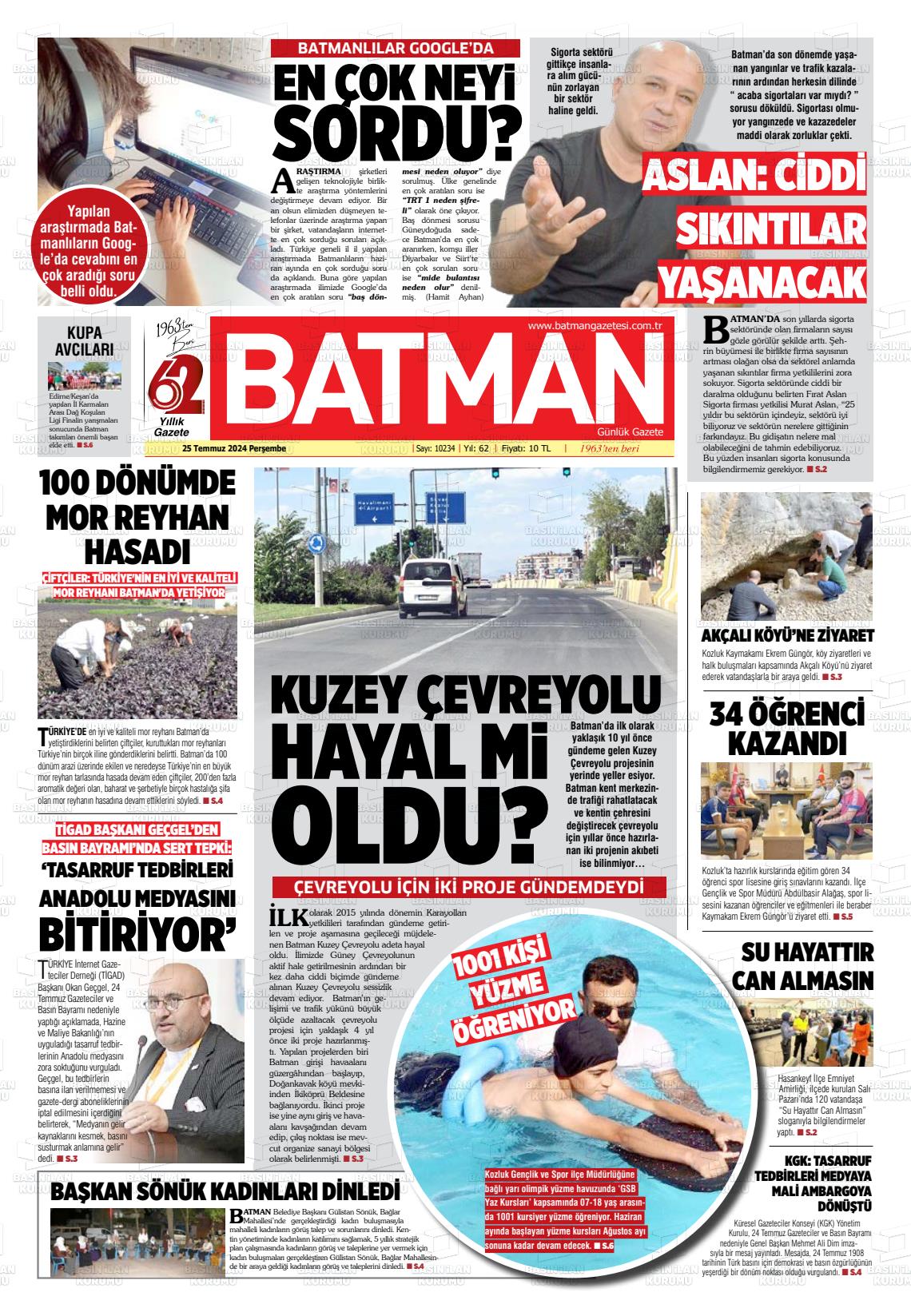 25 Temmuz 2024 BATMAN GAZETESİ Gazete Manşeti