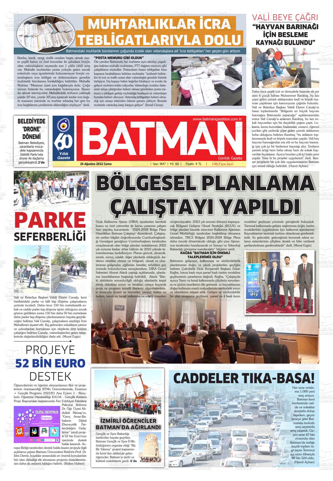 26 Ağustos 2022 BATMAN GAZETESİ Gazete Manşeti