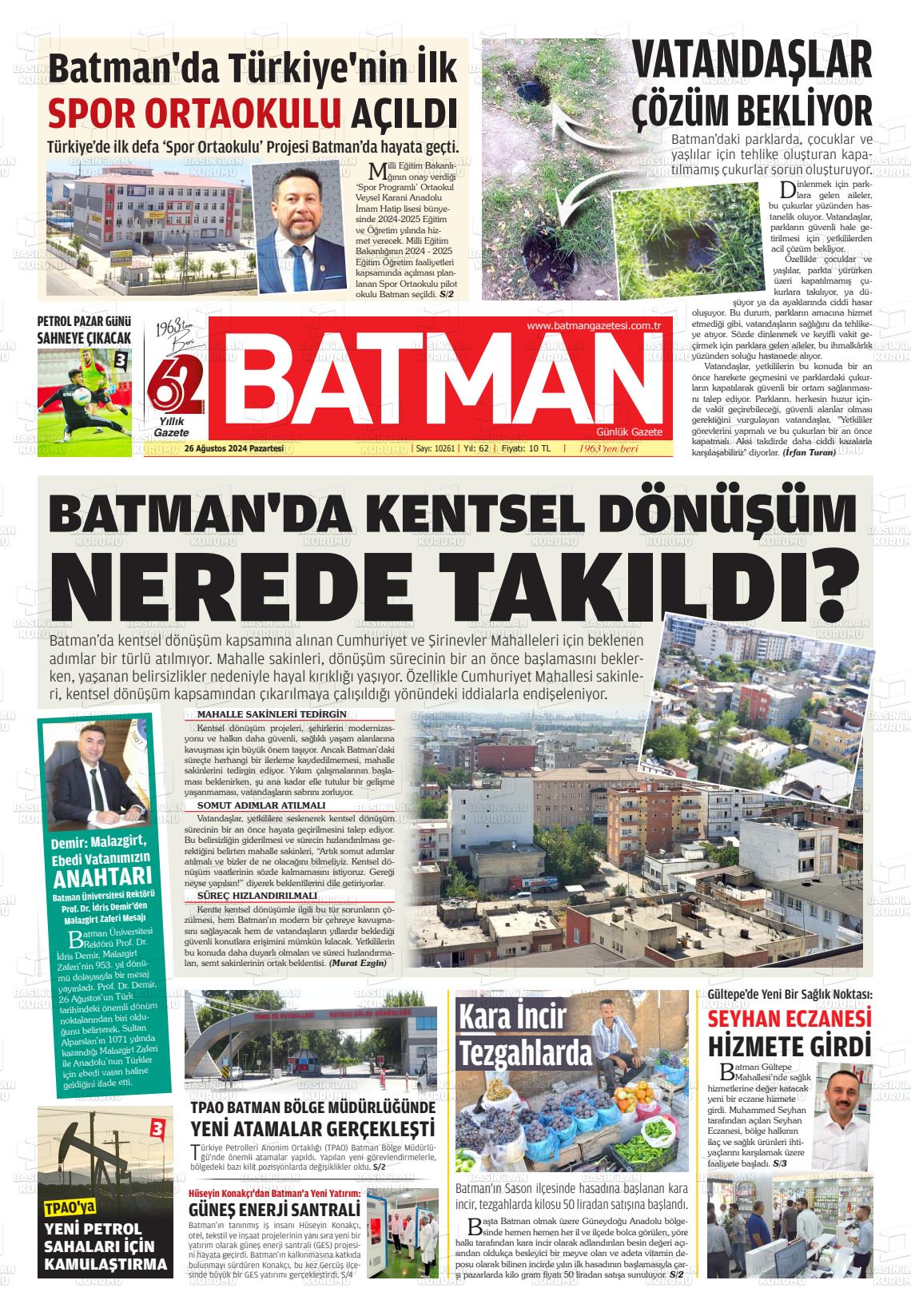 26 Ağustos 2024 BATMAN GAZETESİ Gazete Manşeti