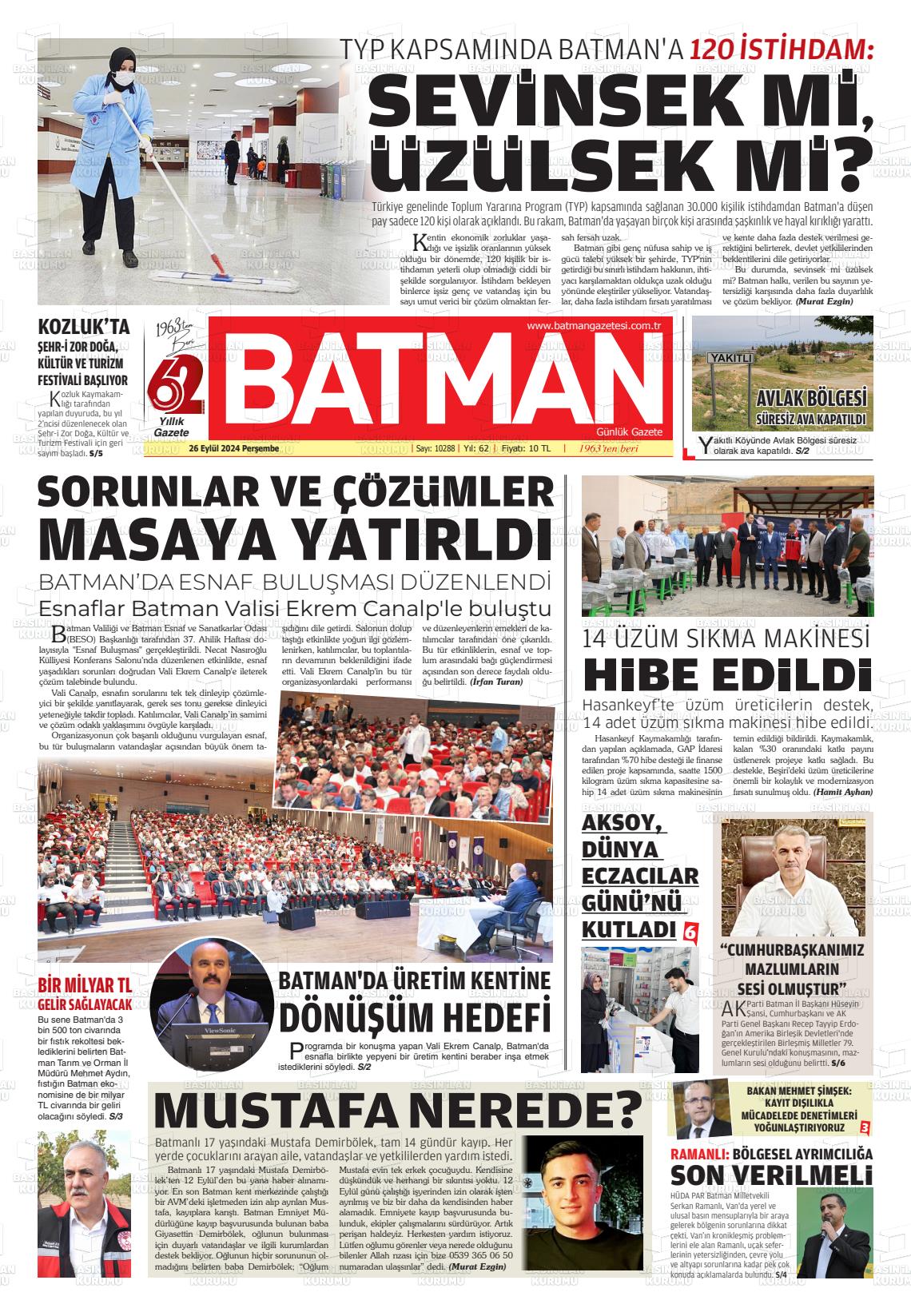 26 Eylül 2024 BATMAN GAZETESİ Gazete Manşeti