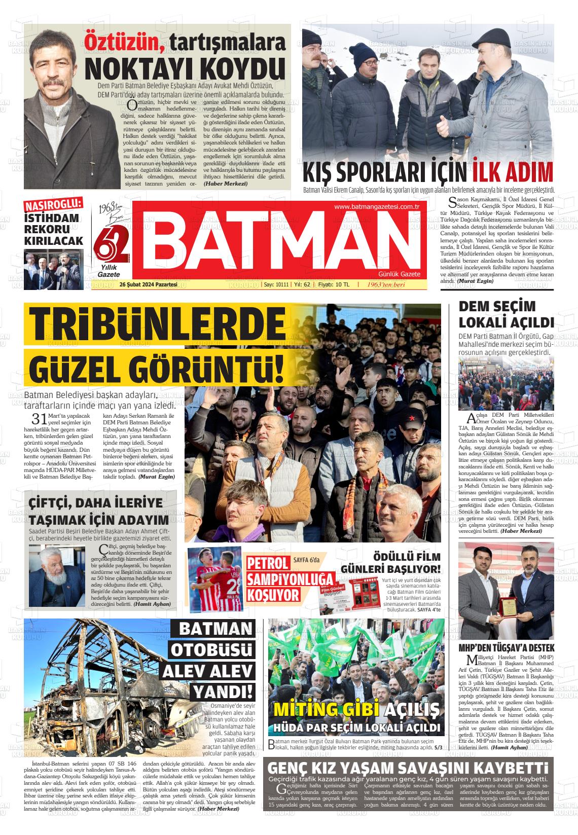 26 Şubat 2024 BATMAN GAZETESİ Gazete Manşeti