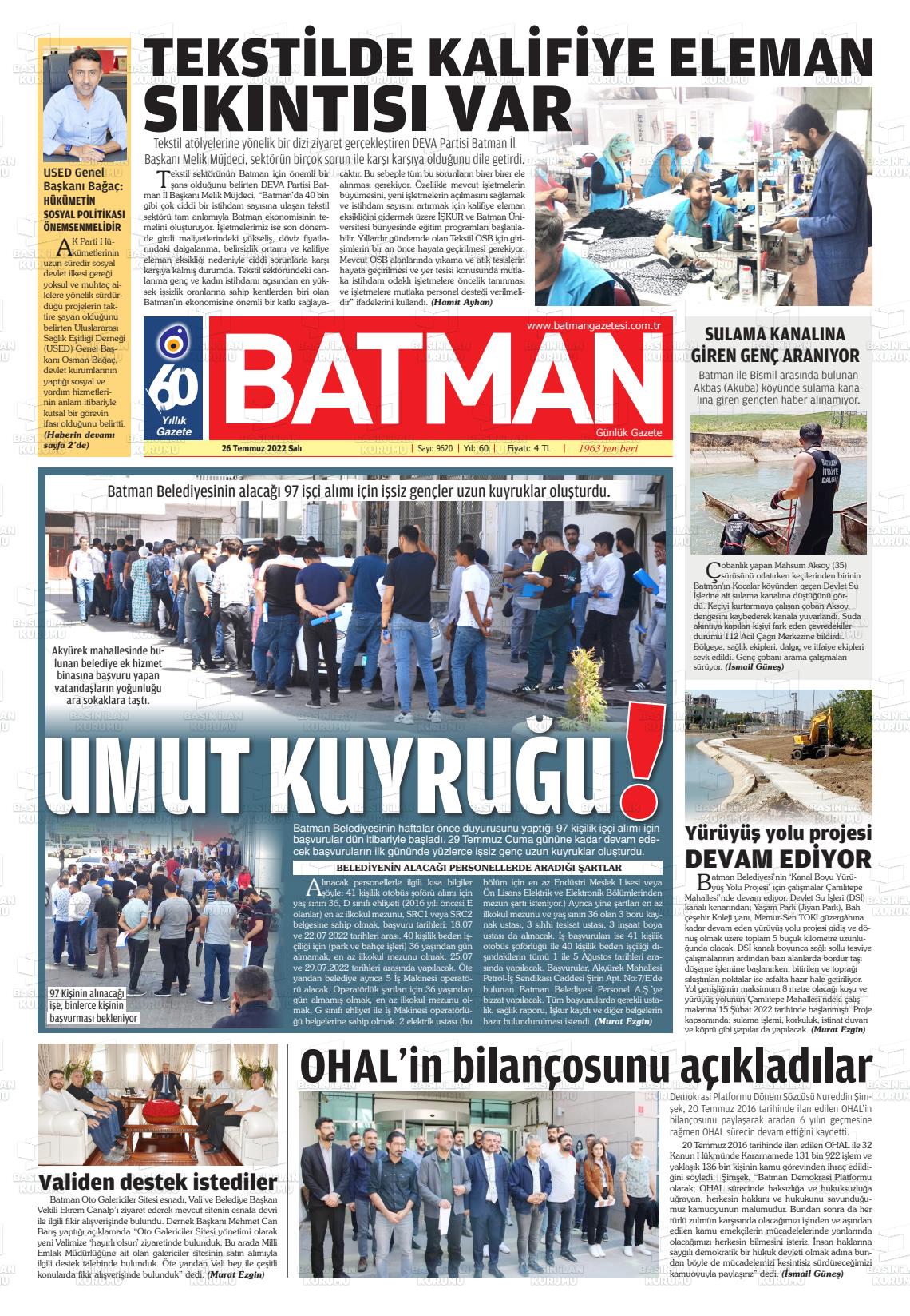 26 Temmuz 2022 BATMAN GAZETESİ Gazete Manşeti