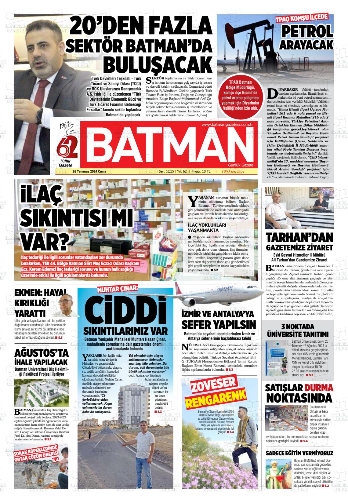 26 Temmuz 2024 BATMAN GAZETESİ Gazete Manşeti