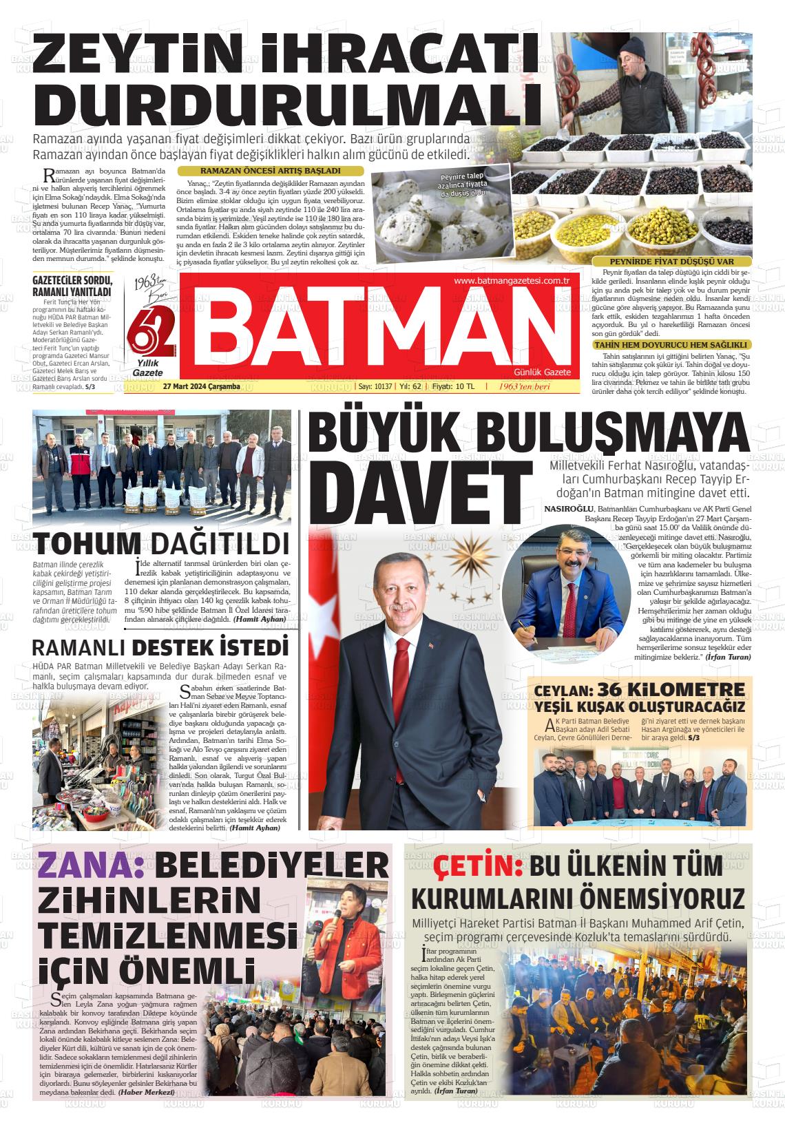 27 Mart 2024 BATMAN GAZETESİ Gazete Manşeti