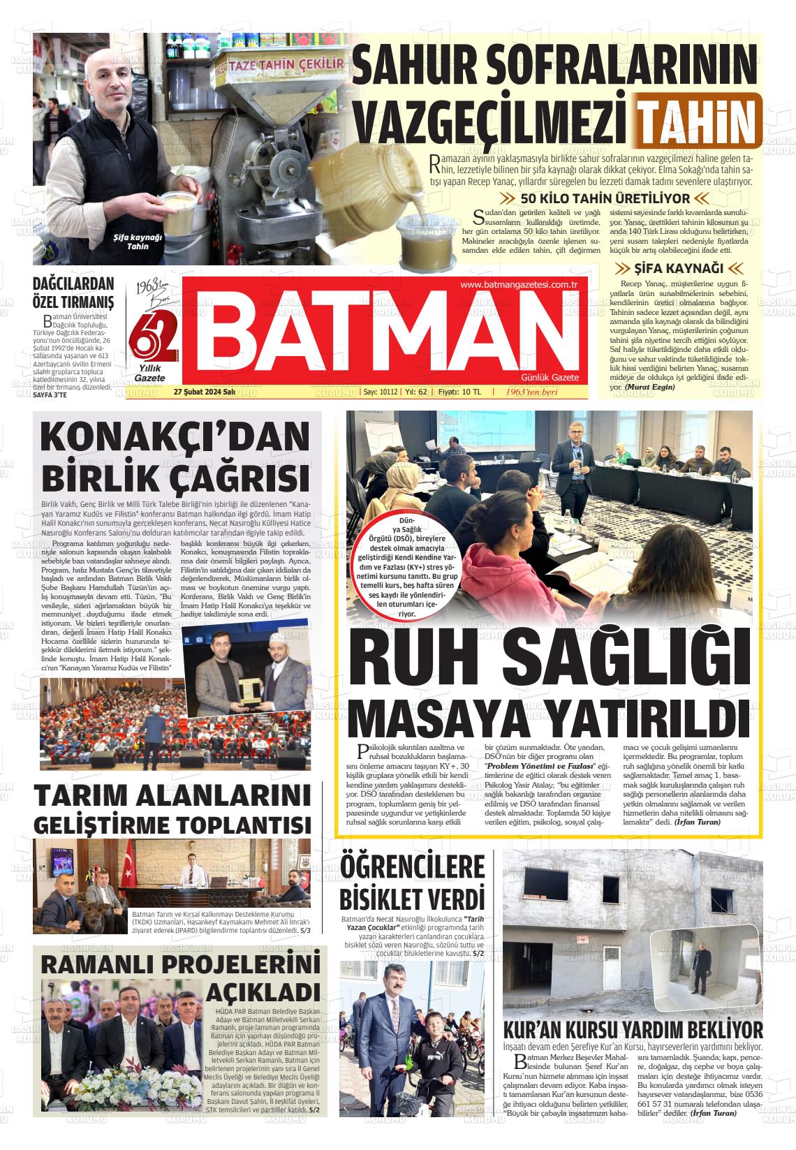 27 Şubat 2024 BATMAN GAZETESİ Gazete Manşeti