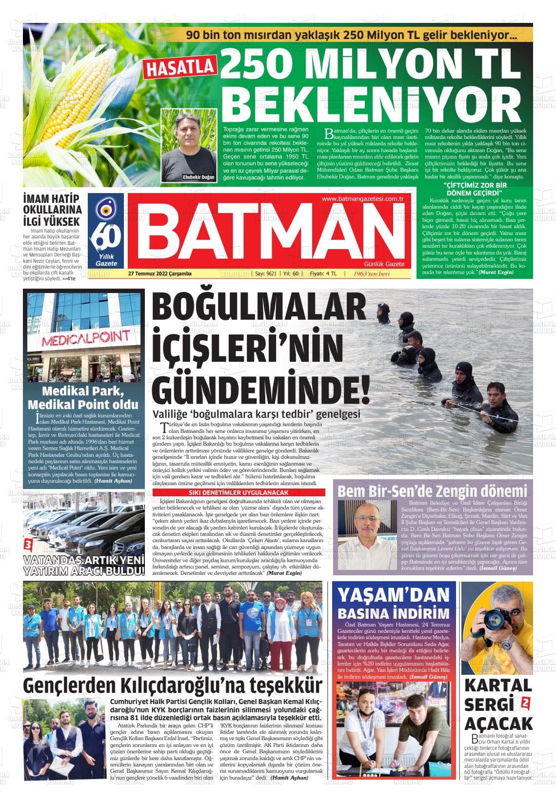 27 Temmuz 2022 BATMAN GAZETESİ Gazete Manşeti