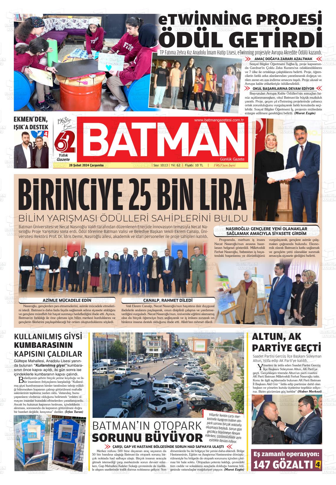 28 Şubat 2024 BATMAN GAZETESİ Gazete Manşeti