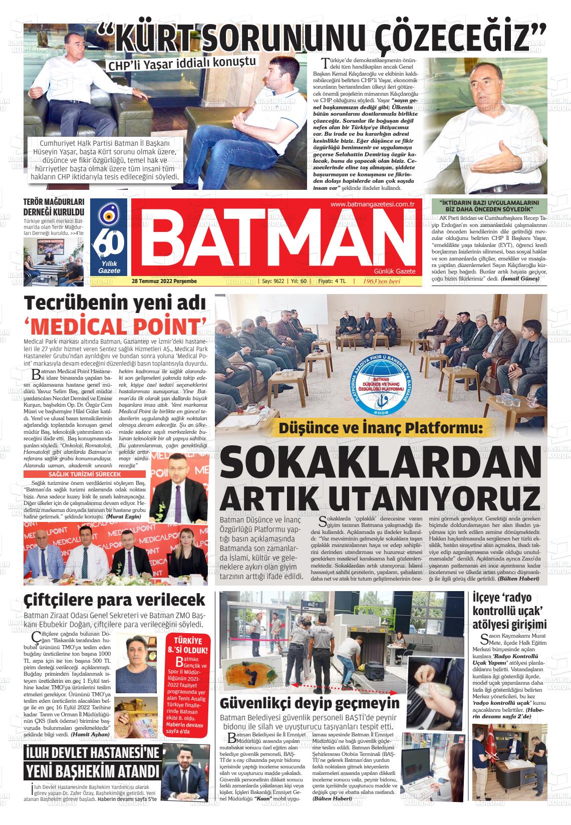 28 Temmuz 2022 BATMAN GAZETESİ Gazete Manşeti