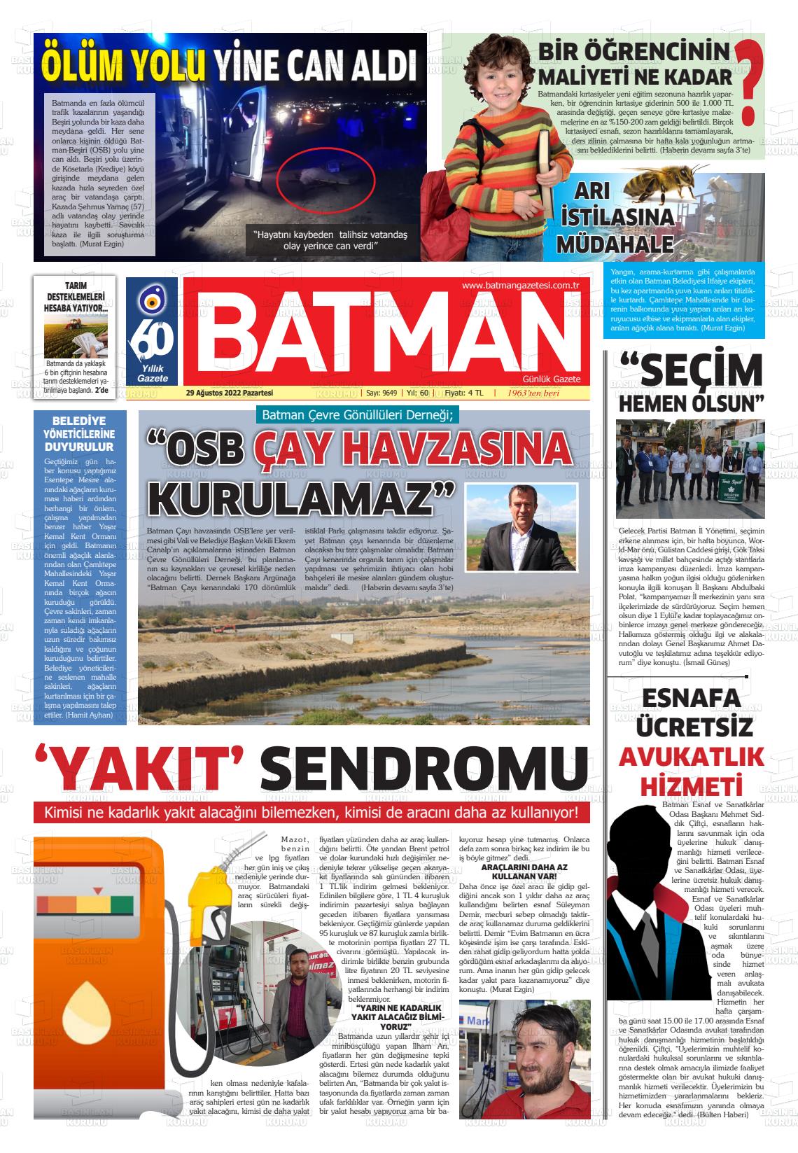 29 Ağustos 2022 BATMAN GAZETESİ Gazete Manşeti