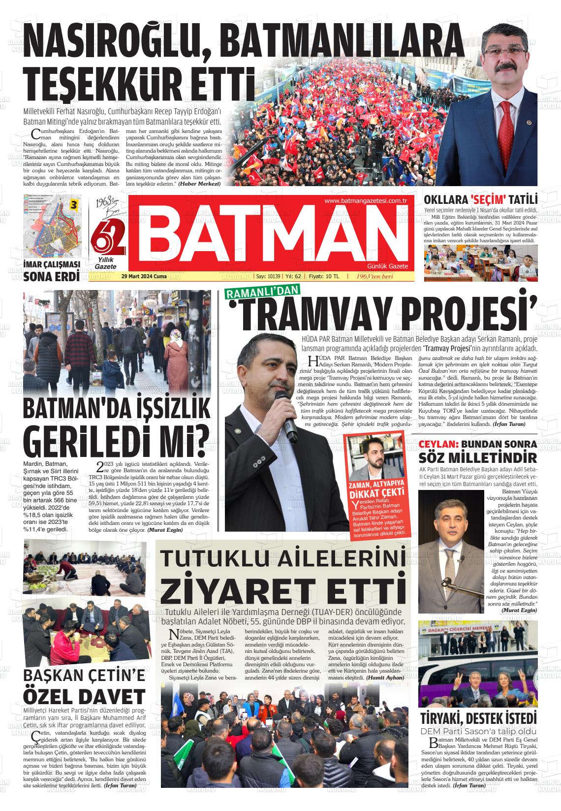 29 Mart 2024 BATMAN GAZETESİ Gazete Manşeti