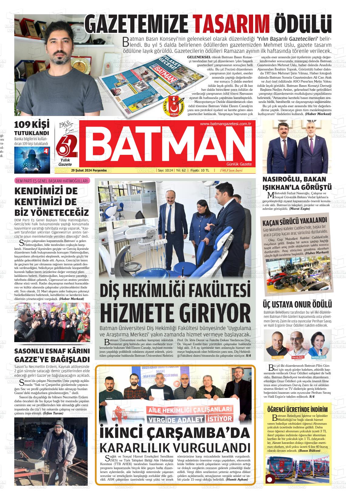 29 Şubat 2024 BATMAN GAZETESİ Gazete Manşeti