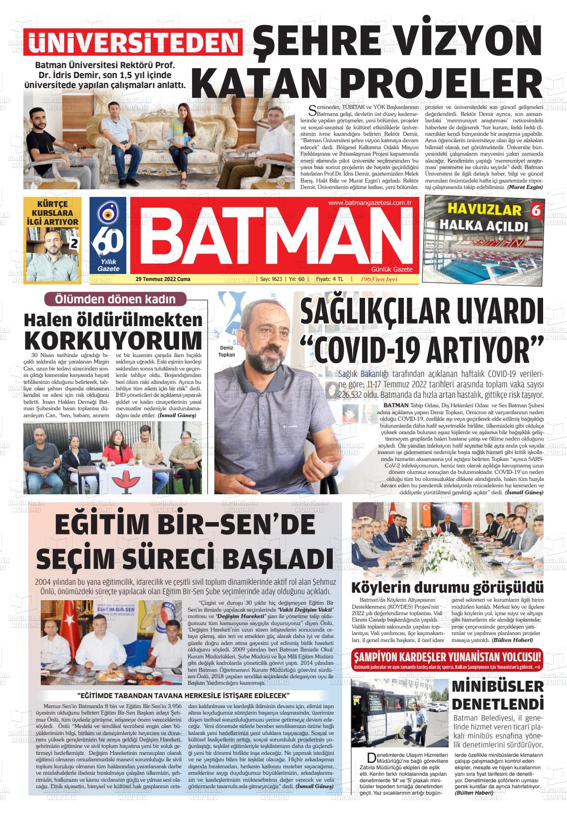 29 Temmuz 2022 BATMAN GAZETESİ Gazete Manşeti