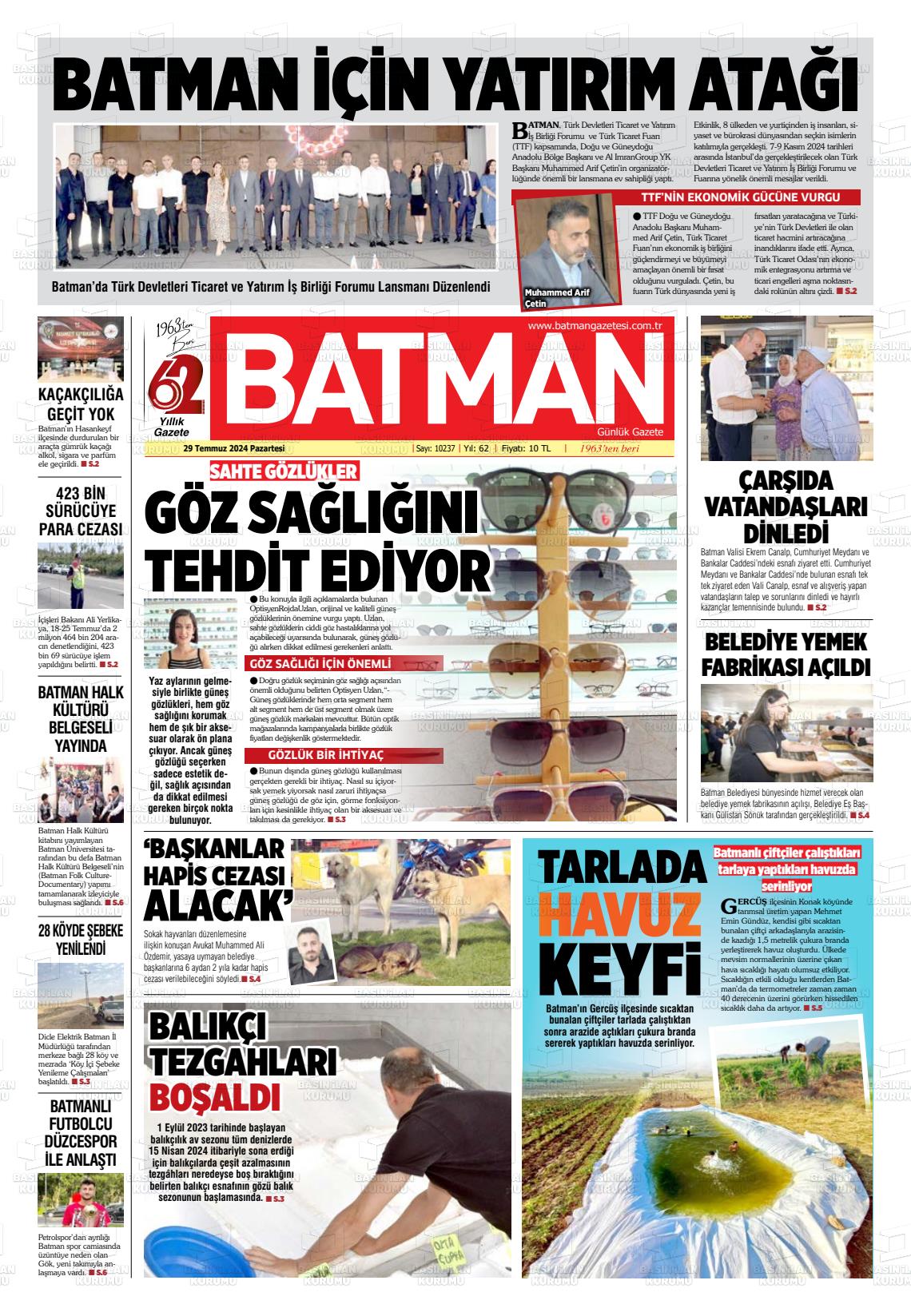 29 Temmuz 2024 BATMAN GAZETESİ Gazete Manşeti