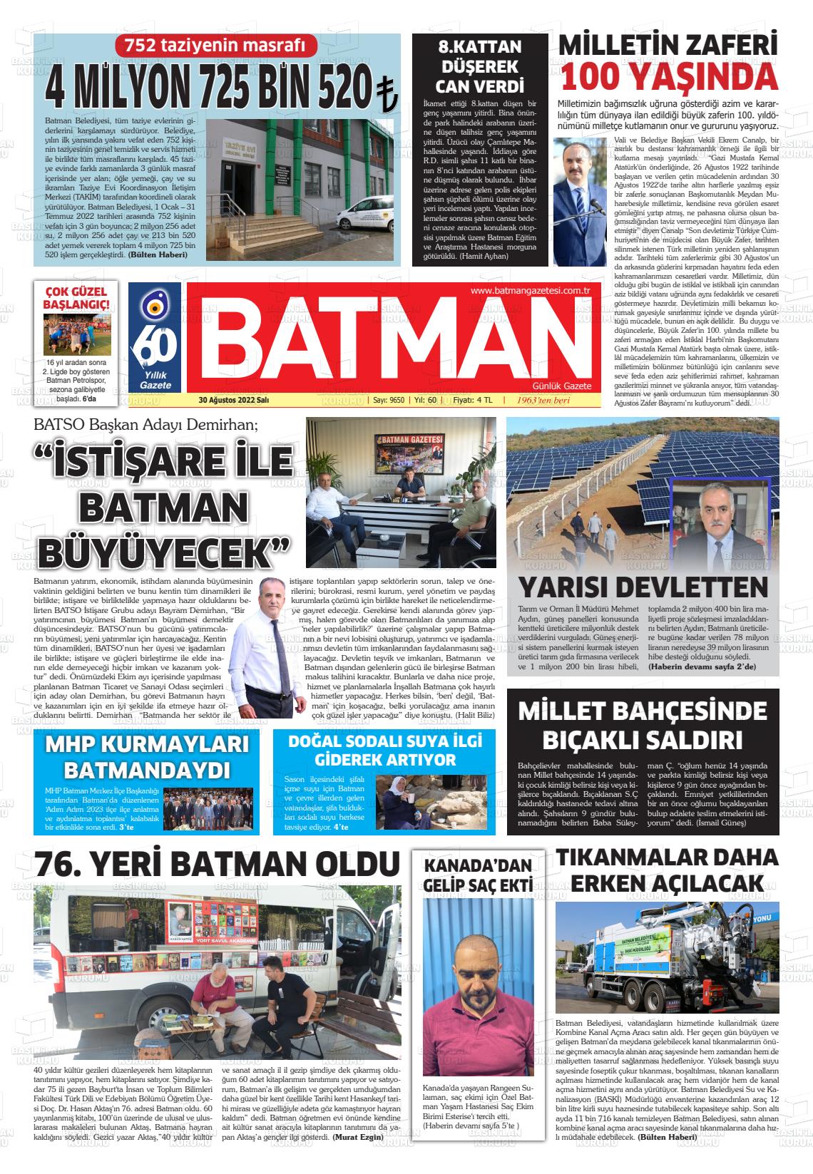 30 Ağustos 2022 BATMAN GAZETESİ Gazete Manşeti