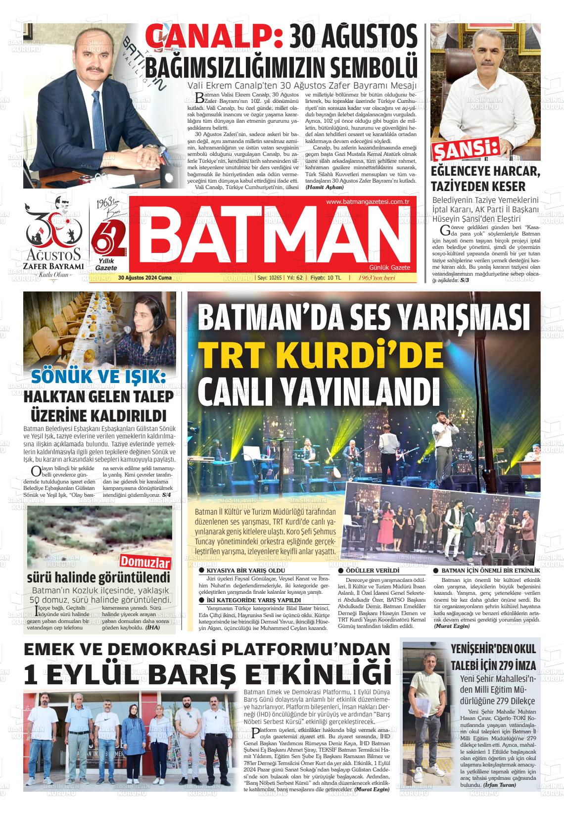 30 Ağustos 2024 BATMAN GAZETESİ Gazete Manşeti