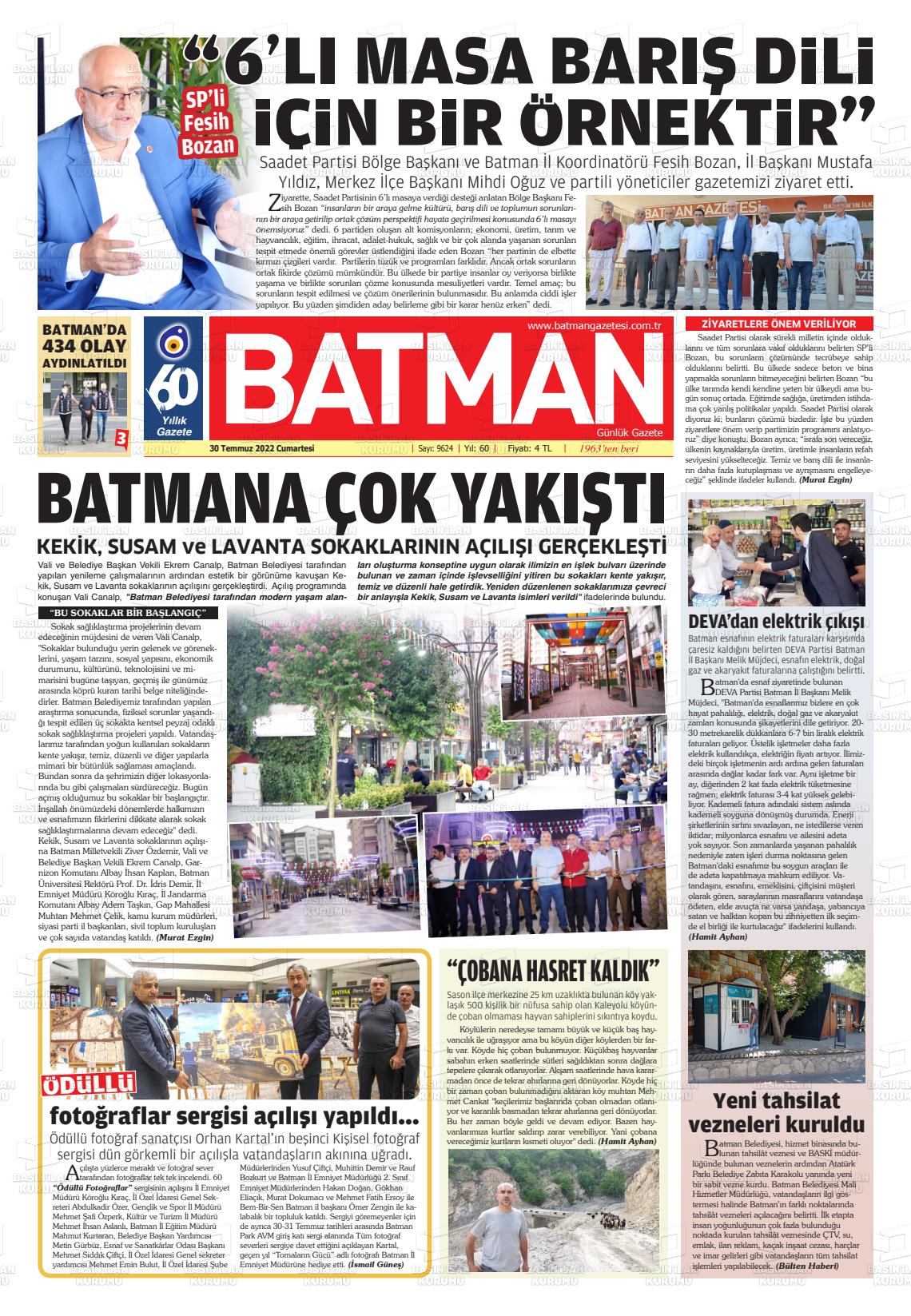 30 Temmuz 2022 BATMAN GAZETESİ Gazete Manşeti