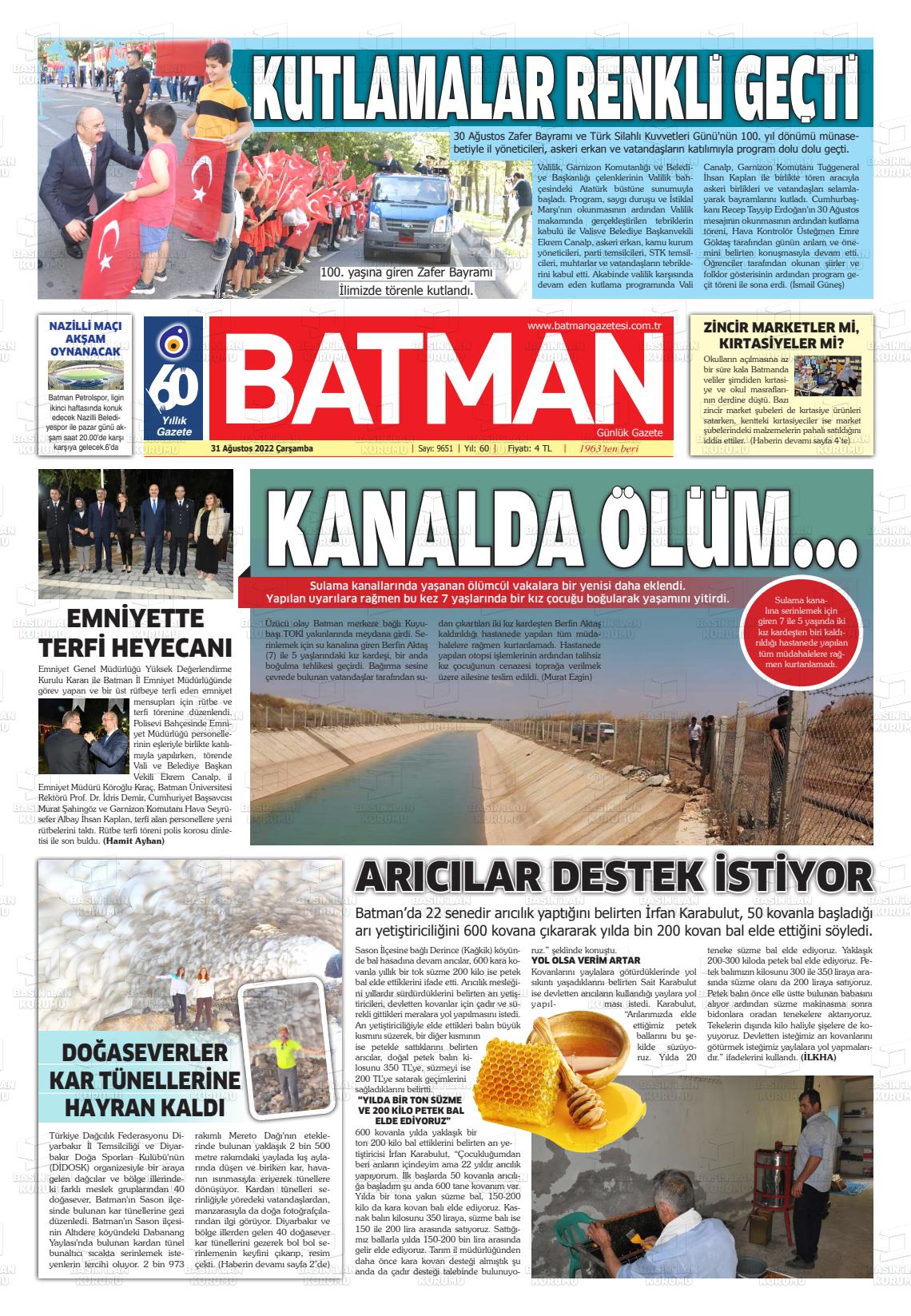 31 Ağustos 2022 BATMAN GAZETESİ Gazete Manşeti