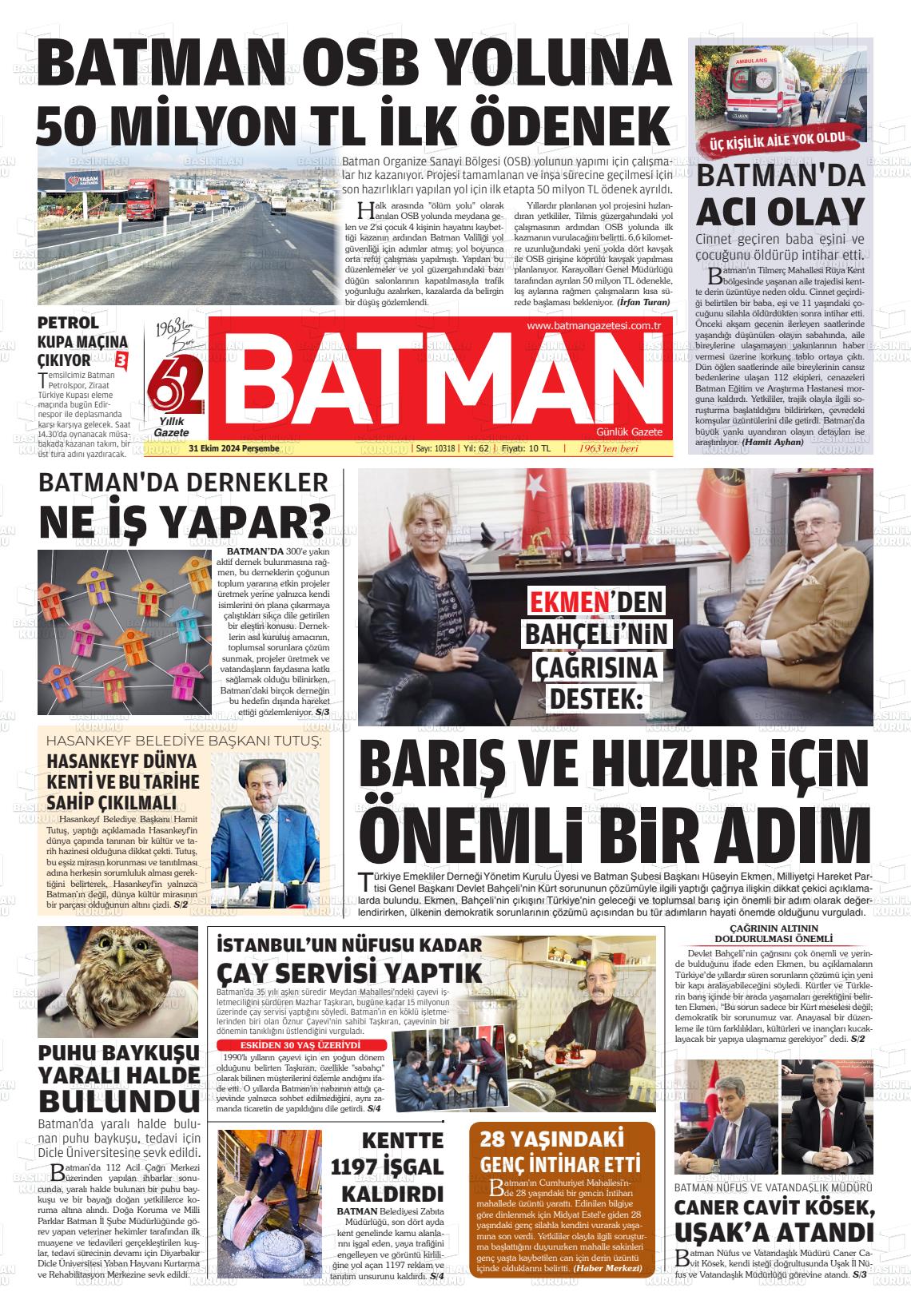 31 Ekim 2024 BATMAN GAZETESİ Gazete Manşeti